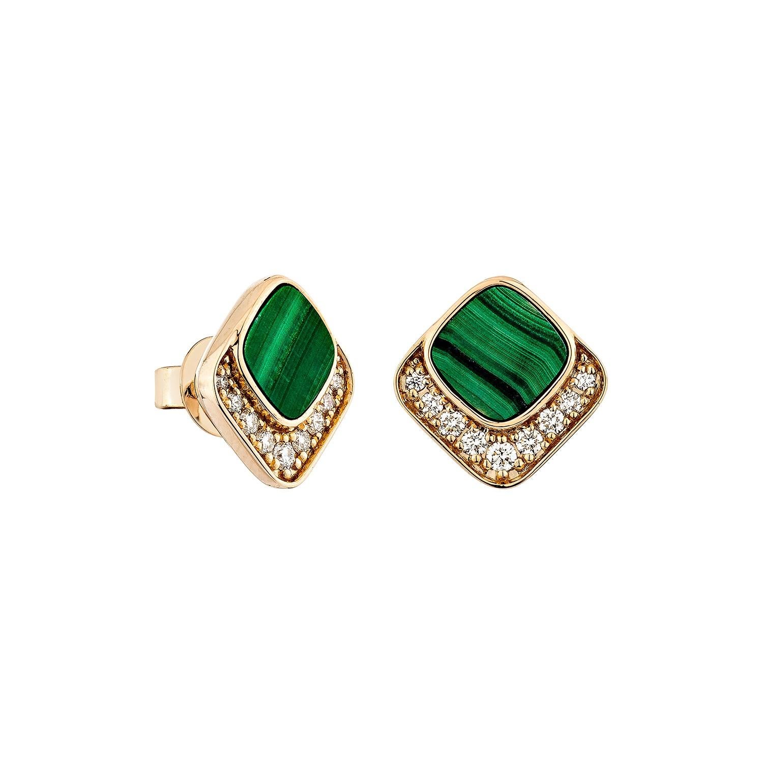 This Malachite earrings pair is a stunning piece featuring a cushion-shaped, brilliant green malachite gemstone framed by a halo of glittering diamonds. The diamonds add a radiant shine and enhance the natural beauty of the earring, creating a