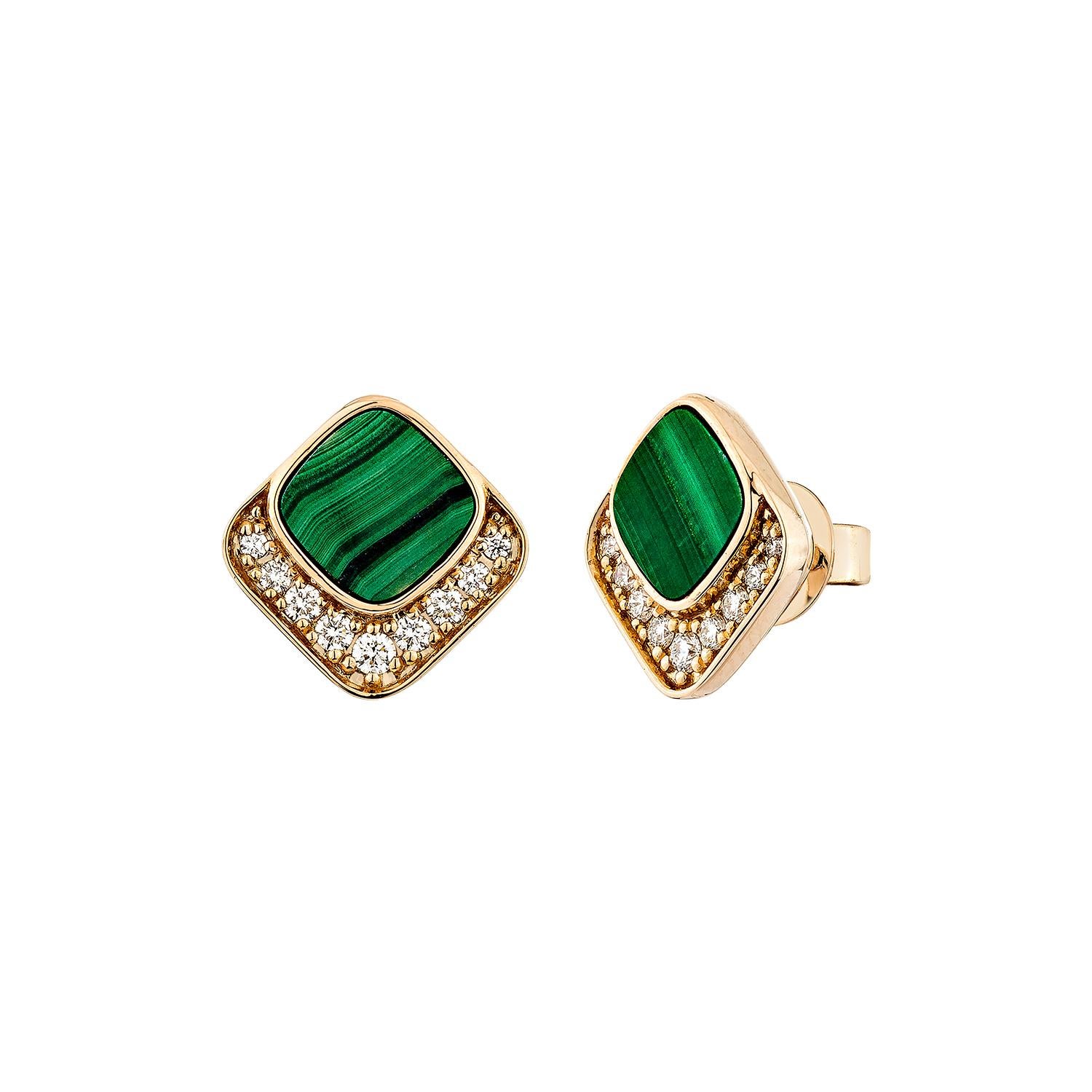 Cushion Cut Sunita Nahata Malachite 1.46ct. Stud Earring in 18KRG with Diamond. For Sale