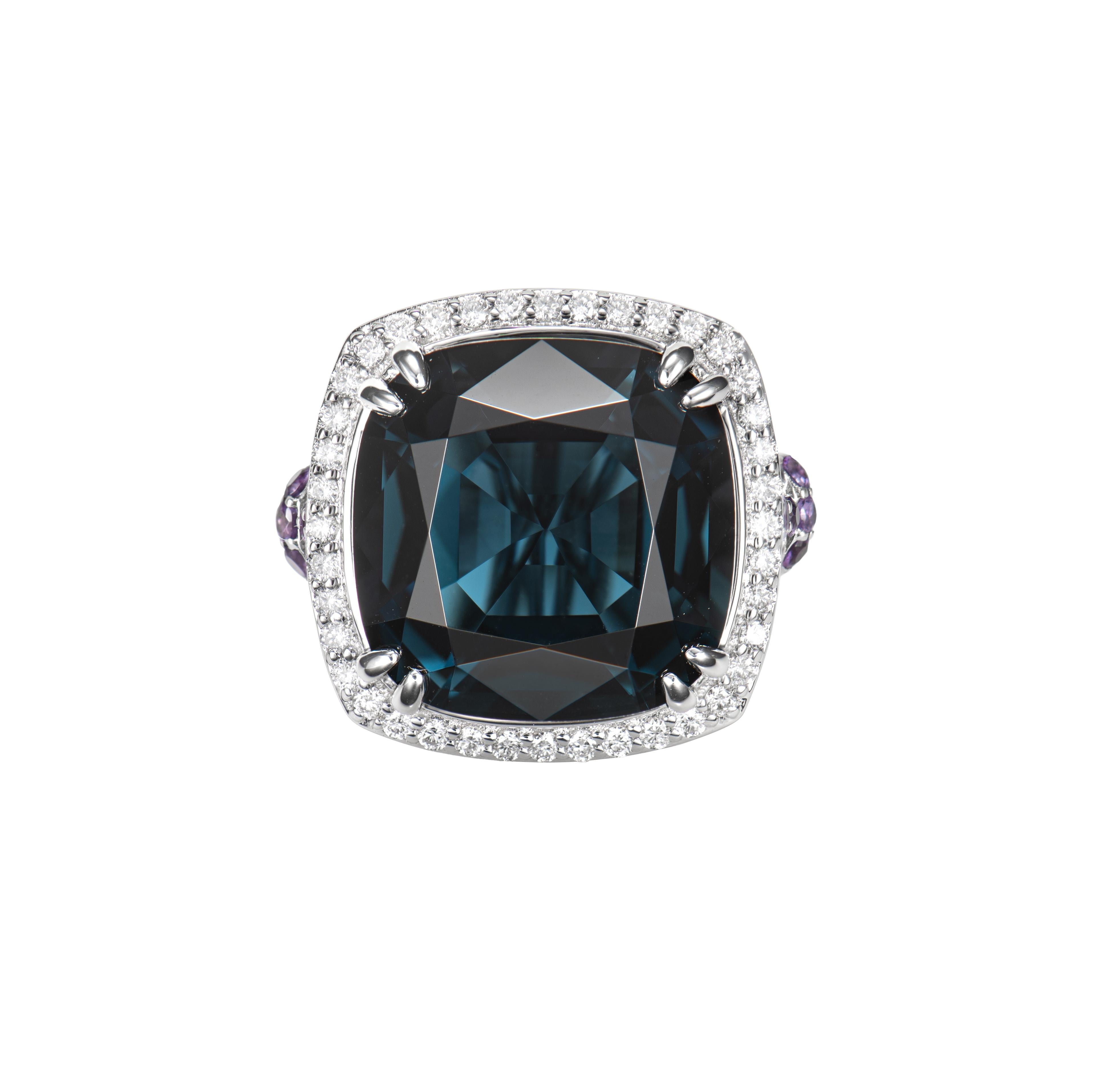 Contemporary Sunita Nahata London Blue Topaz 14.77ct. Fancy Ring in 18KWG with Diamond. For Sale
