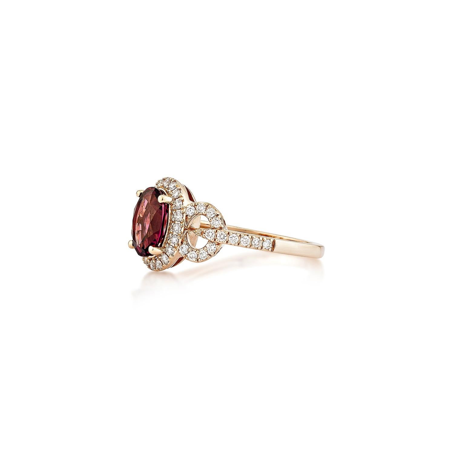 Oval Cut Sunita Nahata Rhodolite 1.48ct. Fancy Ring in 14KRG with White Diamond. For Sale
