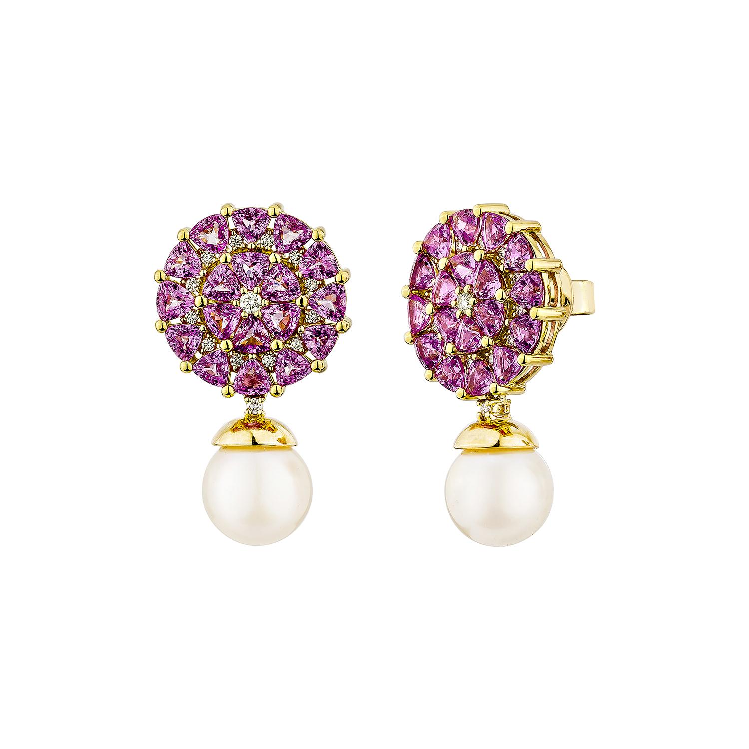 Taglio rotondo Perla e zaffiro rosa Sunita Nahata 15,10ct. Orecchino in 18KYG con diamante. in vendita