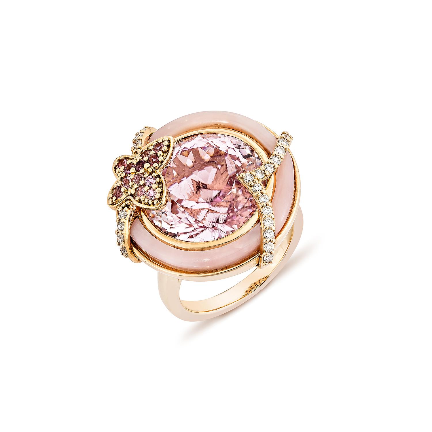 Contemporary Sunita Nahata Kunzite 15.41ct. Ring in 18KRG with Gemstone and Diamond. For Sale