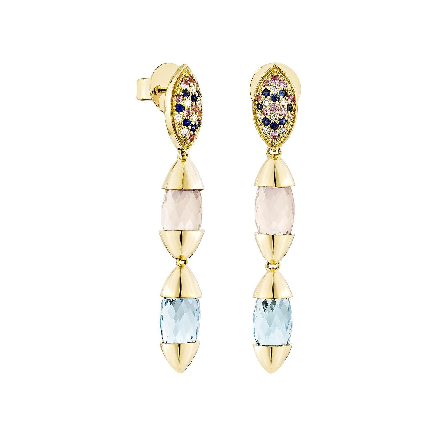 Presentato Un delizioso orecchino svizzero con topazio blu e quarzo rosa è perfetto per chi apprezza la qualità e vuole indossarlo in qualsiasi occasione o celebrazione. Gli orecchini in oro giallo Swiss Blue Topaz, impreziositi da quarzo rosa,