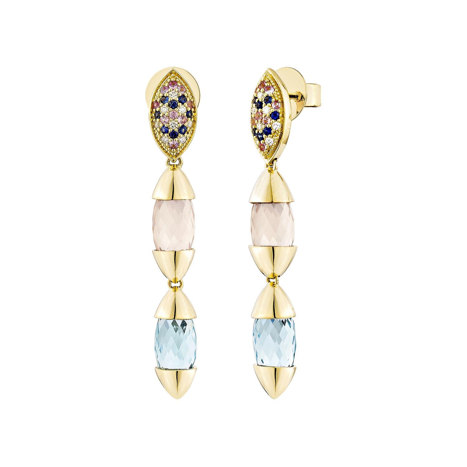Taglio misto Sunita Nahata Topazio e Quarzo Rosa 15,58ct. Orecchini in 18KYG con diamante. in vendita