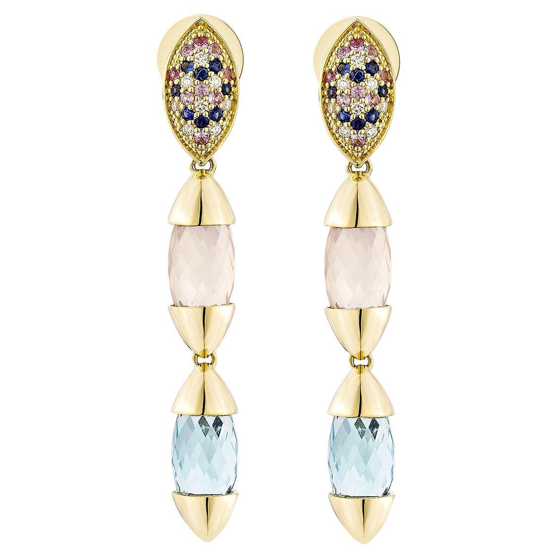 Sunita Nahata Topaz and Rose Quartz 15.58ct. Earrings in 18KYG with Diamond.
