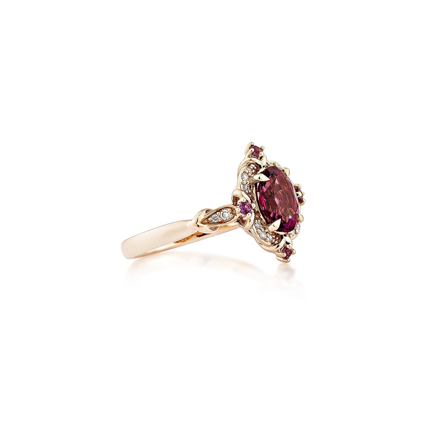 Sunita Nahata presents an elegant Rhodolite fancy ring in an oval shape, set with sparkling white diamonds. This exquisite piece exudes grace and elegance, making it perfect for both daily wear and special occasions. Crafted from 14-karat rose gold,