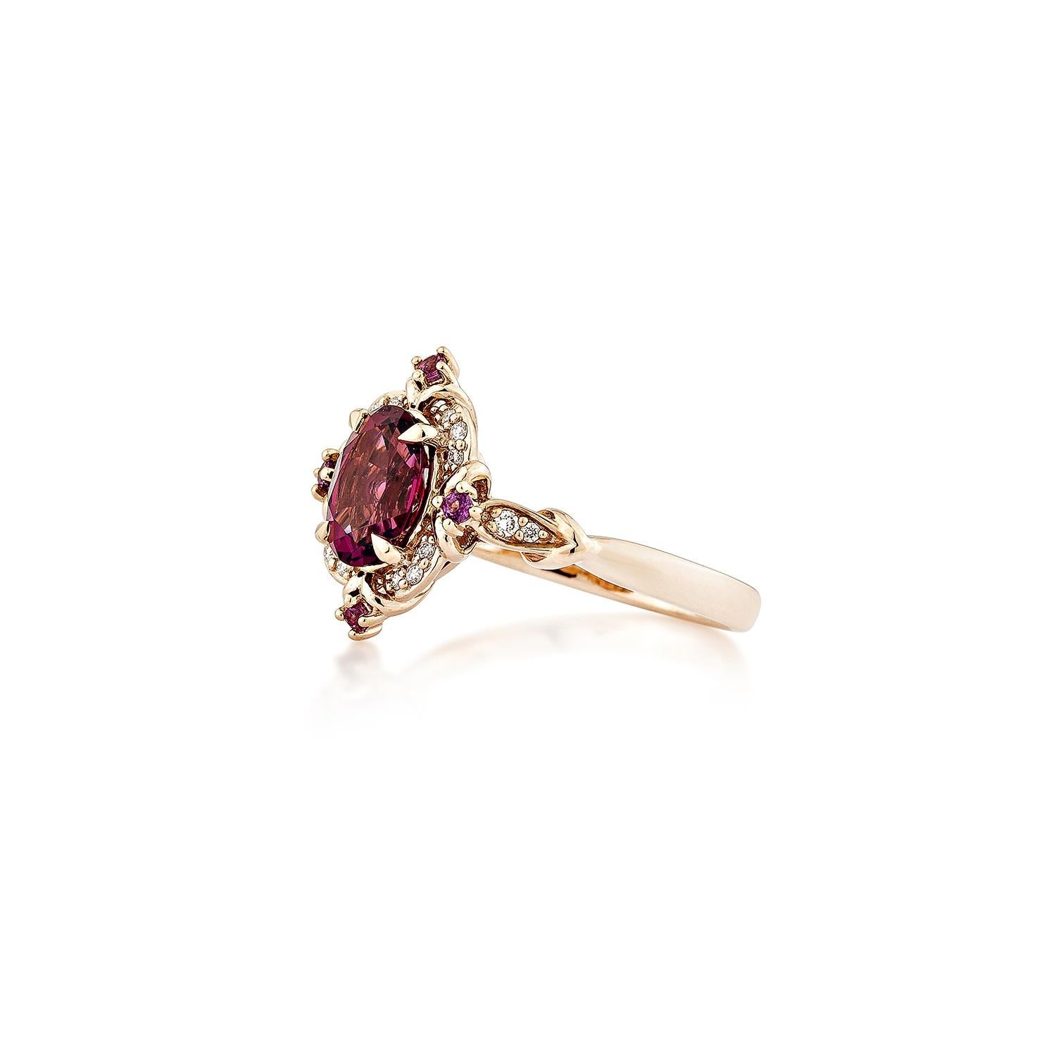 Oval Cut Sunita Nahata Rhodolite 1.58ct. Fancy Ring in 14KRG with White Diamond. For Sale