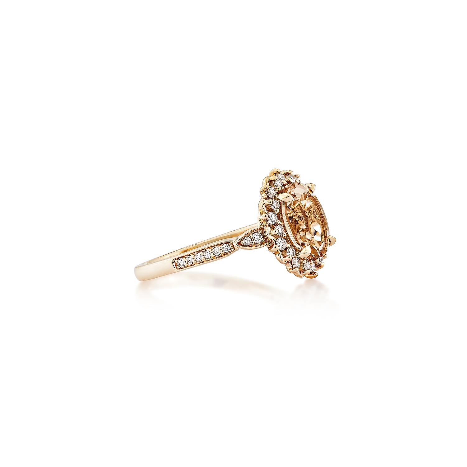 This collection includes a range of Morganite, which is a symbol of love and relationships, making it an excellent choice for a variety of applications. Accented with White Diamond this ring is made in Rose Gold and present a classic yet elegant
