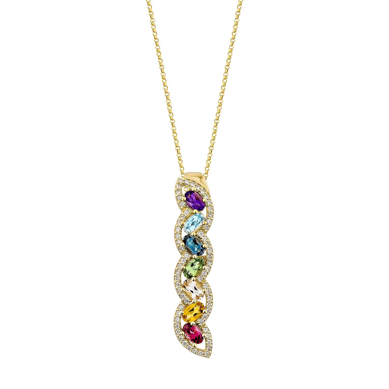 Ti presentiamo il ciondolo arcobaleno della Collection'S di Sunita Nahata. Questo splendido ciondolo è composto da gemme vivaci che riflettono le sfumature dell'arcobaleno e simboleggiano speranza, gioia e varietà. Questo ciondolo offre eleganza e