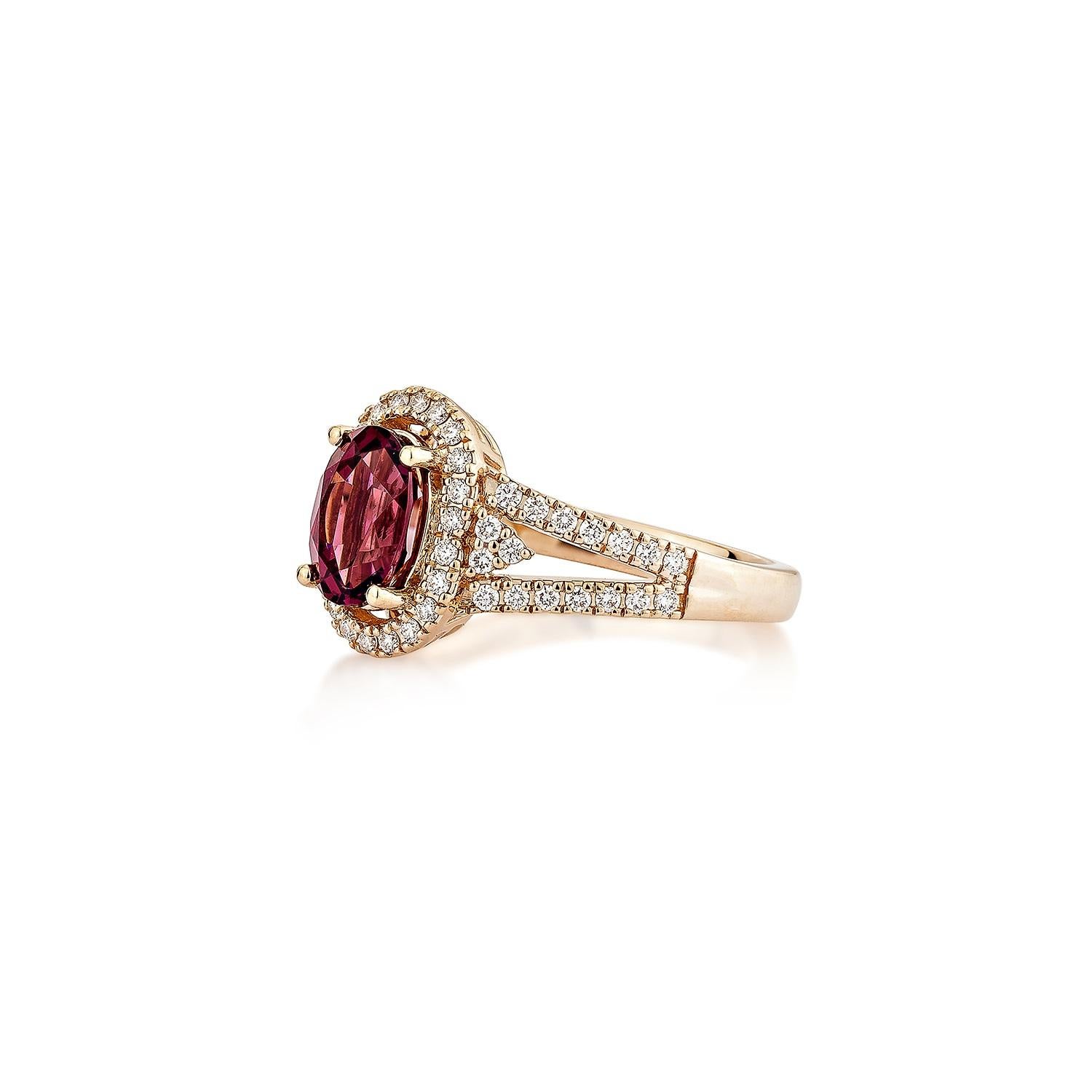 Oval Cut Sunita Nahata Rhodolite 1.71ct. Fancy Ring in 14KRG with White Diamond. For Sale