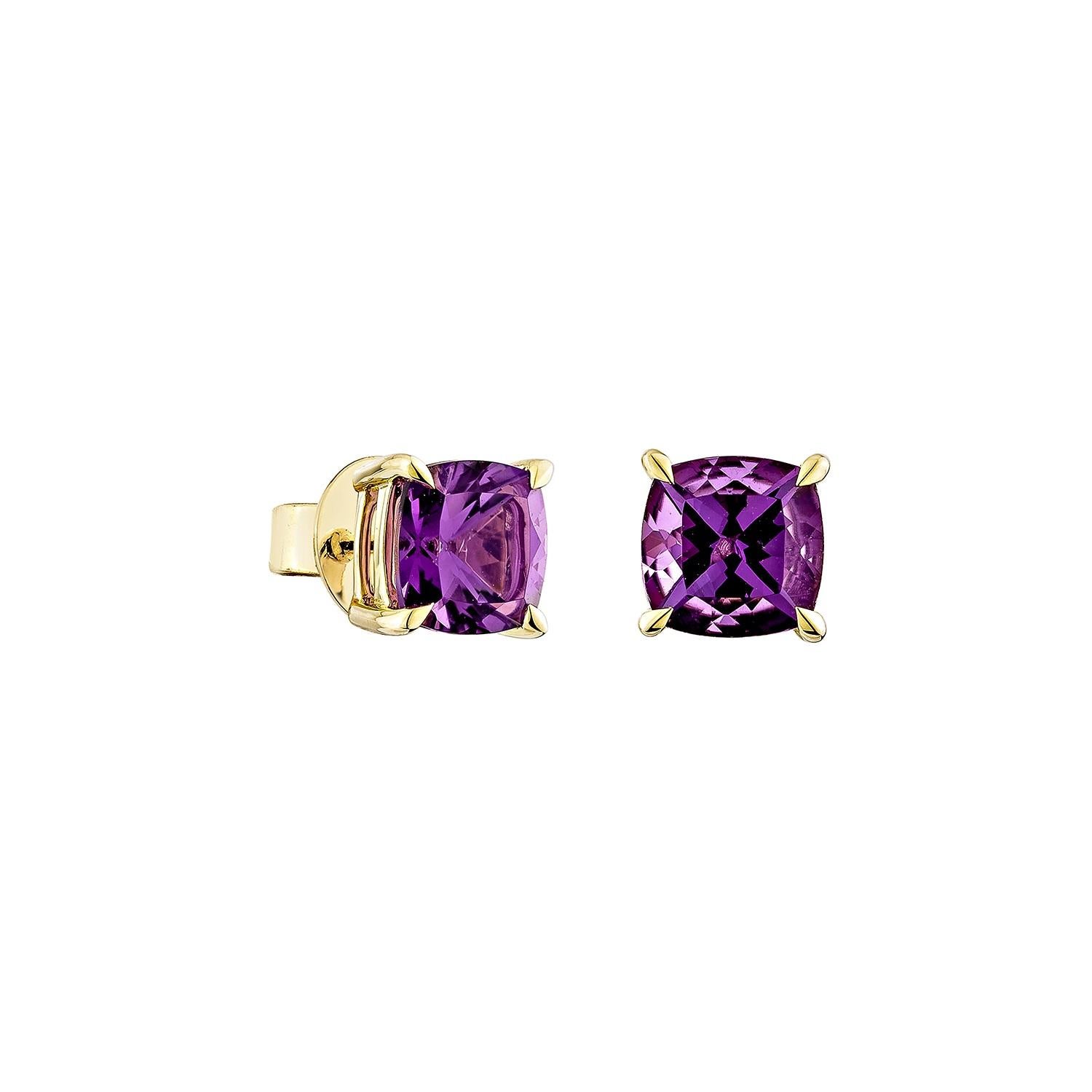 Timeless cushion-shaped amethyst stud earrings set in 14K yellow gold, exuding classic elegance and vibrant charm.

Amethyst Stud Earring in 14Karat Yellow Gold. 

Amethyst: 1.72 carat, 6X6mm size, cushion shape.

Gold: 1.73g, 14Karat Yellow Gold.