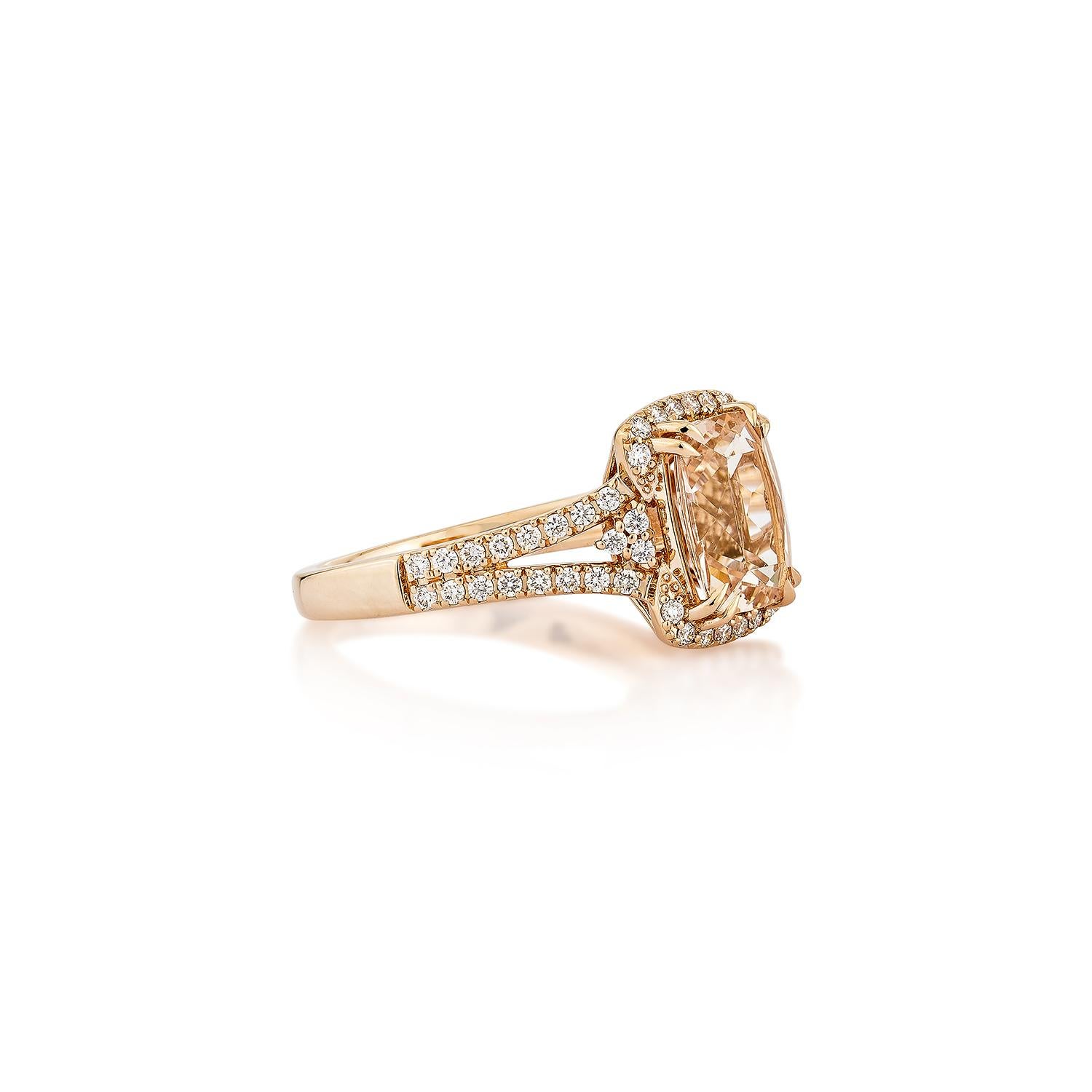 This collection includes a range of Morganite, which is a symbol of love and relationships, making it an excellent choice for a variety of applications. Accented with White Diamond this ring is made in Rose Gold and present a classic yet elegant