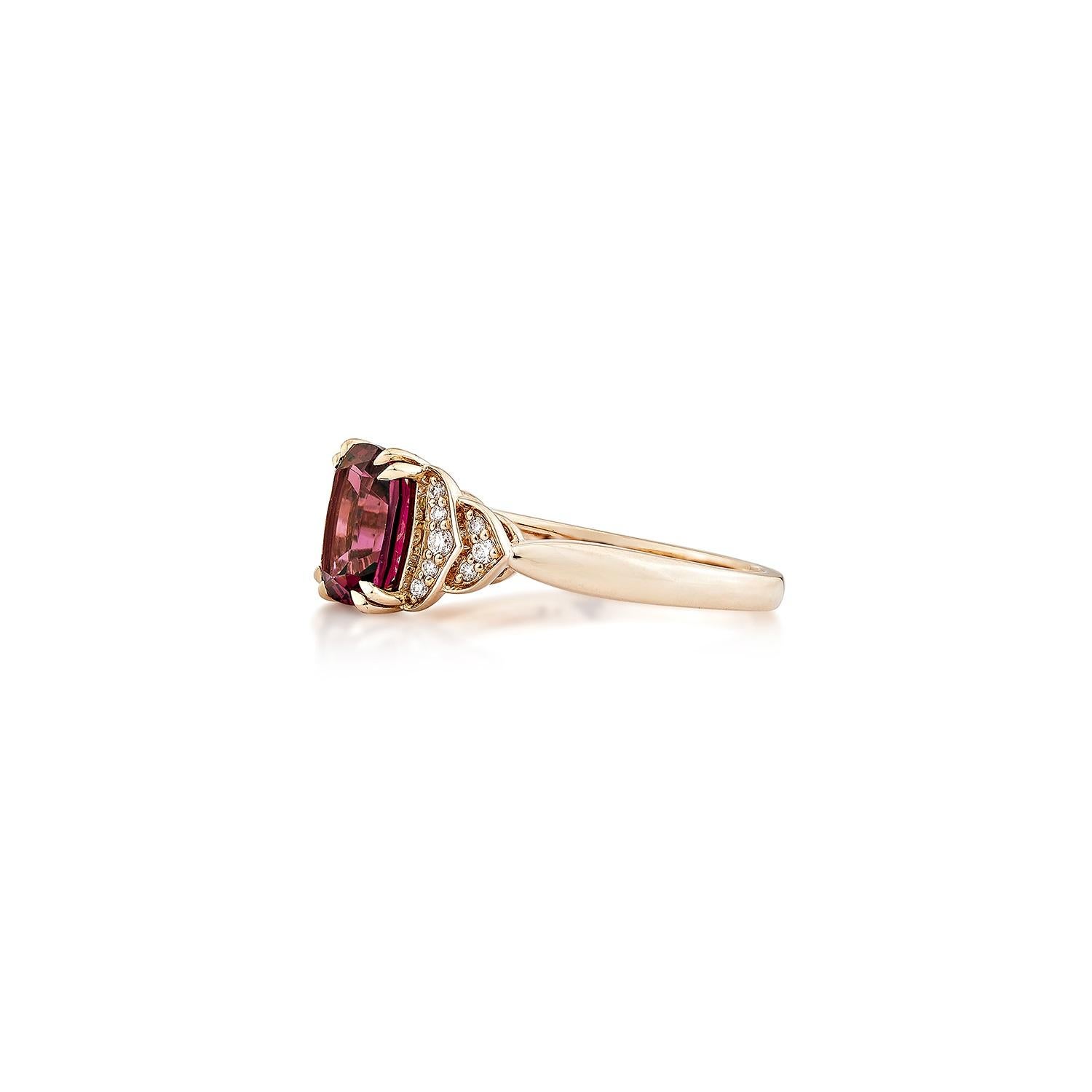 Cushion Cut Sunita Nahata Rhodolite 1.79ct. Fancy Ring in 14KRG with White Diamond. For Sale