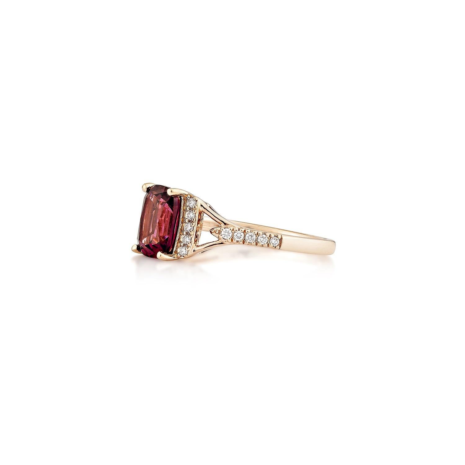 Cushion Cut Sunita Nahata  Rhodolite 1.85ct. Fancy Ring in 14KRG with White Diamond. For Sale