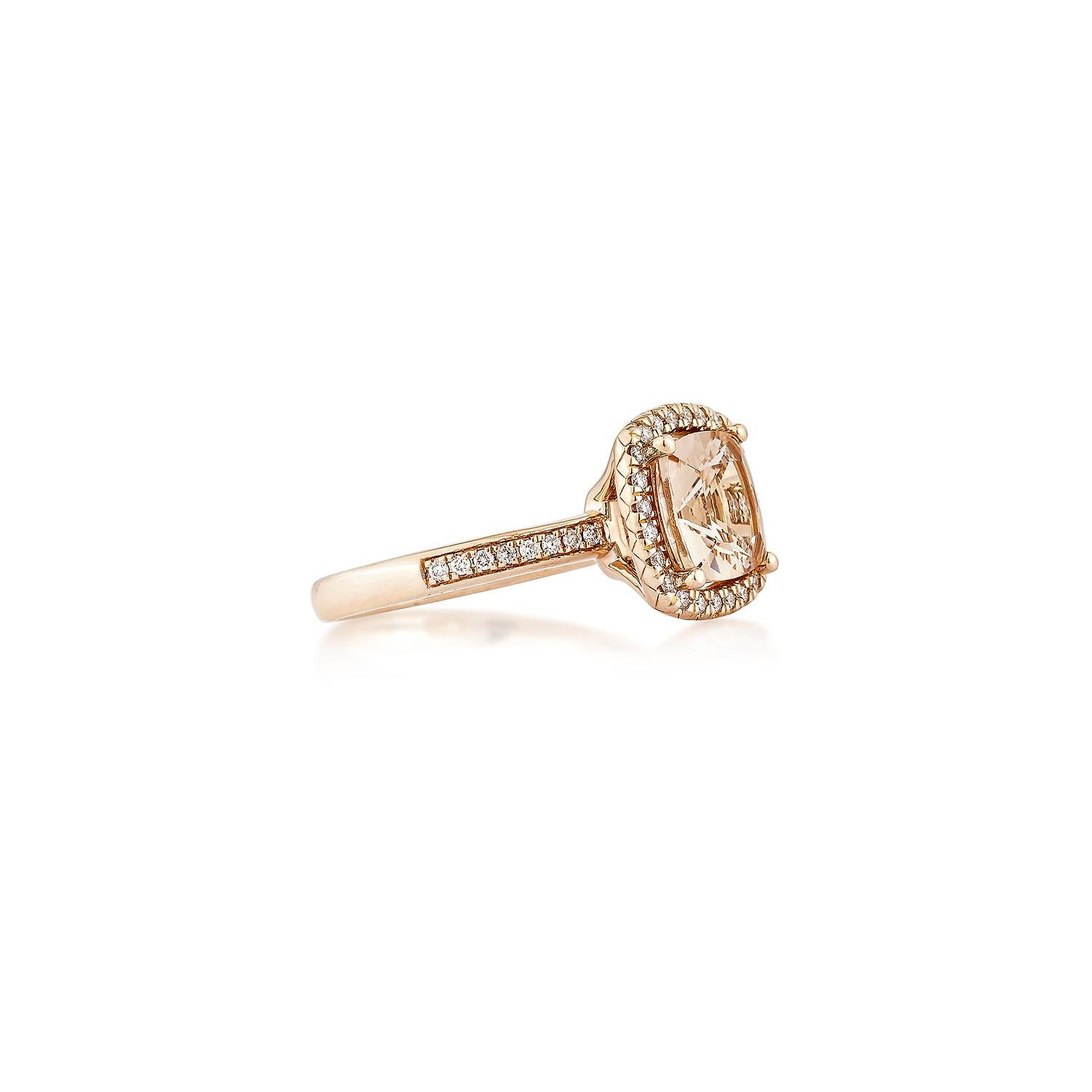 This collection includes a range of Morganite, which is a symbol of love and relationships, making it an excellent choice for a variety of applications. Accented with White Diamond this ring is made in rose Gold and present a classic yet elegant