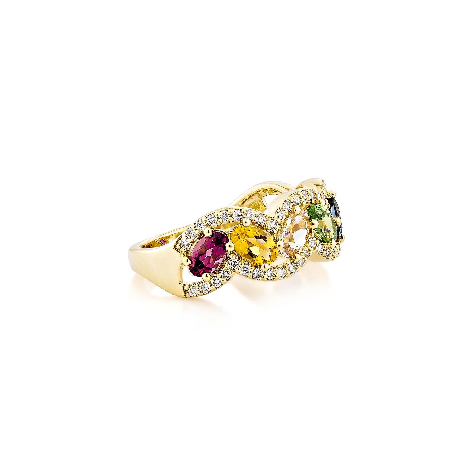 Presenting the rainbow Ring from Sunita Nahata's Rainbow Collection. This gorgeous ring is made up of vivid gemstones that reflect the rainbow's hues and symbolize hope, joy, and variety. This ring offers elegance and luxury while celebrating life's