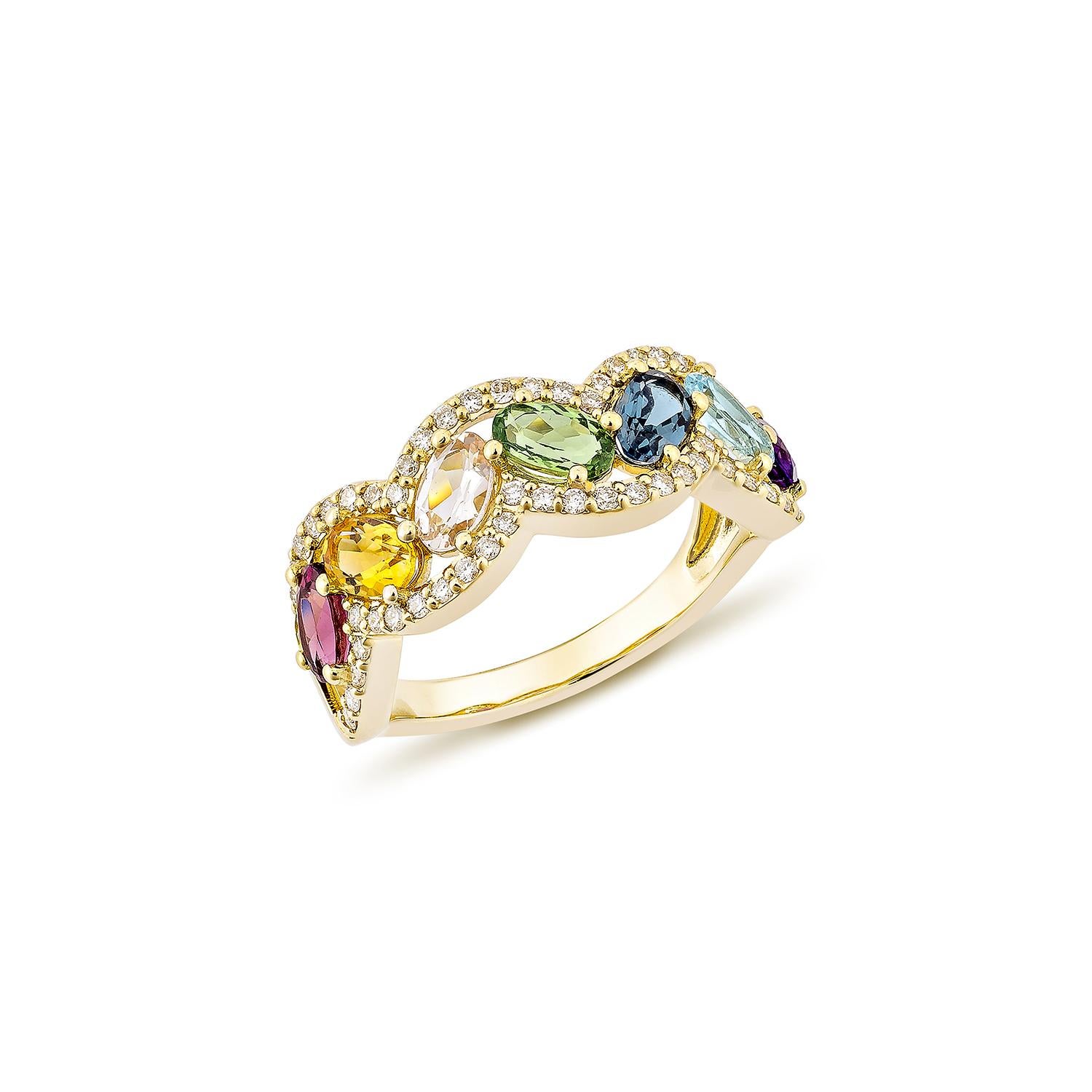 Contemporary Sunita Nahata Rainbow Gemstone 1.90ct. Ring in 18KYG with White Diamond. For Sale