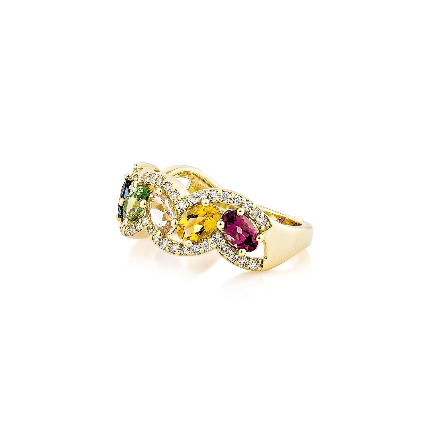 Oval Cut Sunita Nahata Rainbow Gemstone 1.90ct. Ring in 18KYG with White Diamond. For Sale