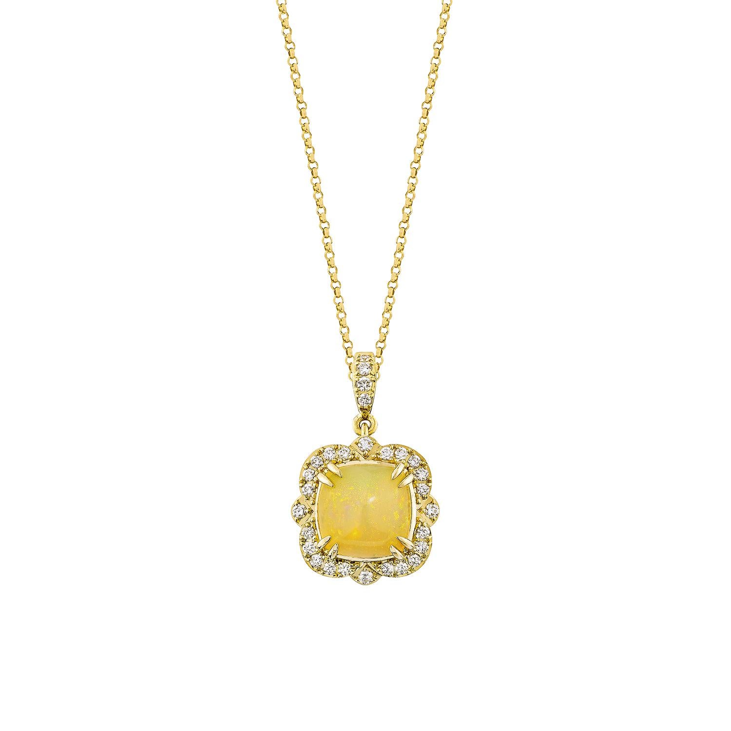 Taille coussin Sunita Nahata Opale éthiopienne 1.93 carats. Pendentif en 18 carats avec diamant blanc. en vente