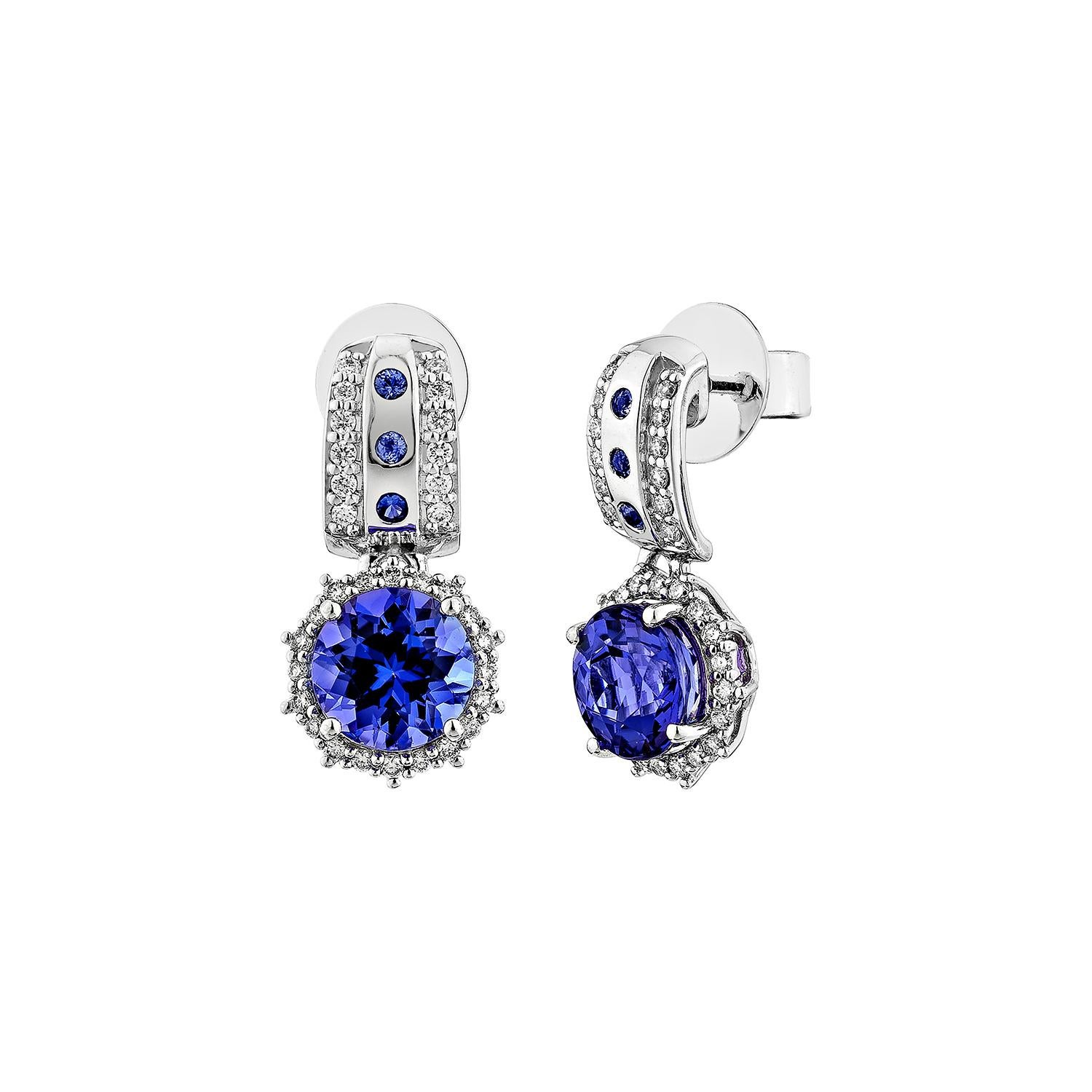 Taglio rotondo Sunita Nahata Tanzanite e Zaffiro 2,02ct. Orecchini a goccia in 18KWG con diamante. in vendita