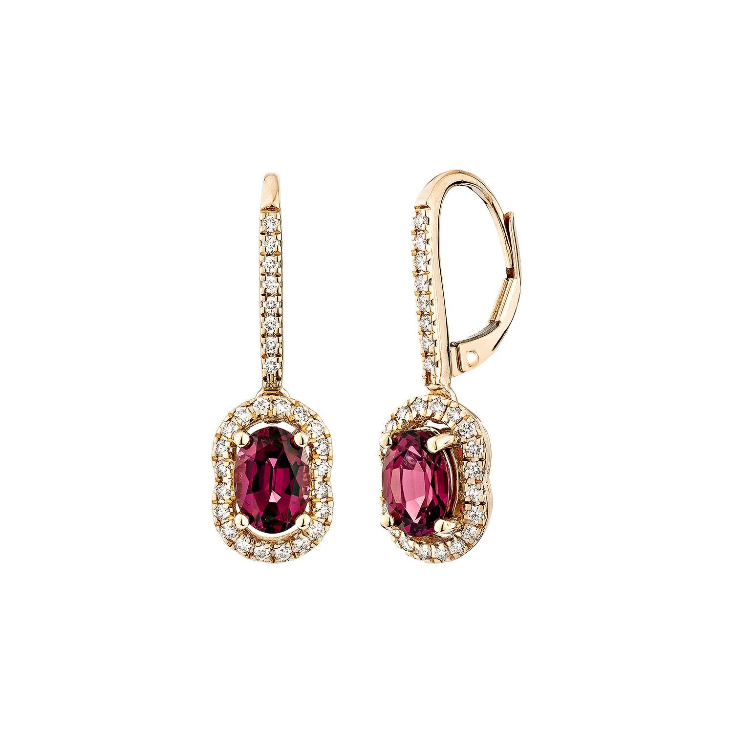 Oval Cut Sunita Nahata Rhodolite 2.09ct. Drop Earring in 14KRG with White Diamond. For Sale