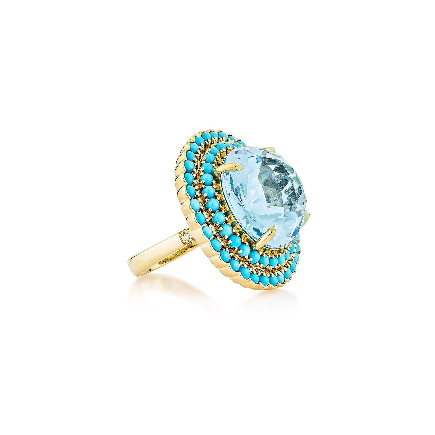 Sunita Nahata präsentiert einen atemberaubenden Amethystring, der Eleganz und Lebendigkeit auf wunderbare Weise miteinander verbindet. In der Mitte dieses Rings befindet sich ein runder Amethyst, der anmutig von einem Türkisring umgeben ist. Die