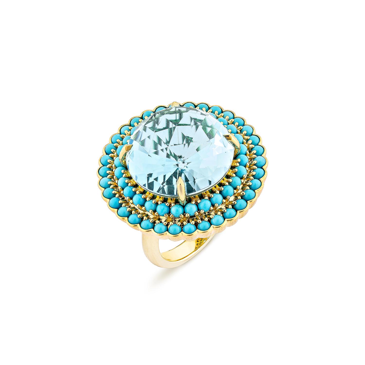 Sunita Nahata Blauer Topas 20.96 Karat. Fancy Ring aus 18KYG mit Türkis und Diamant. (Zeitgenössisch) im Angebot