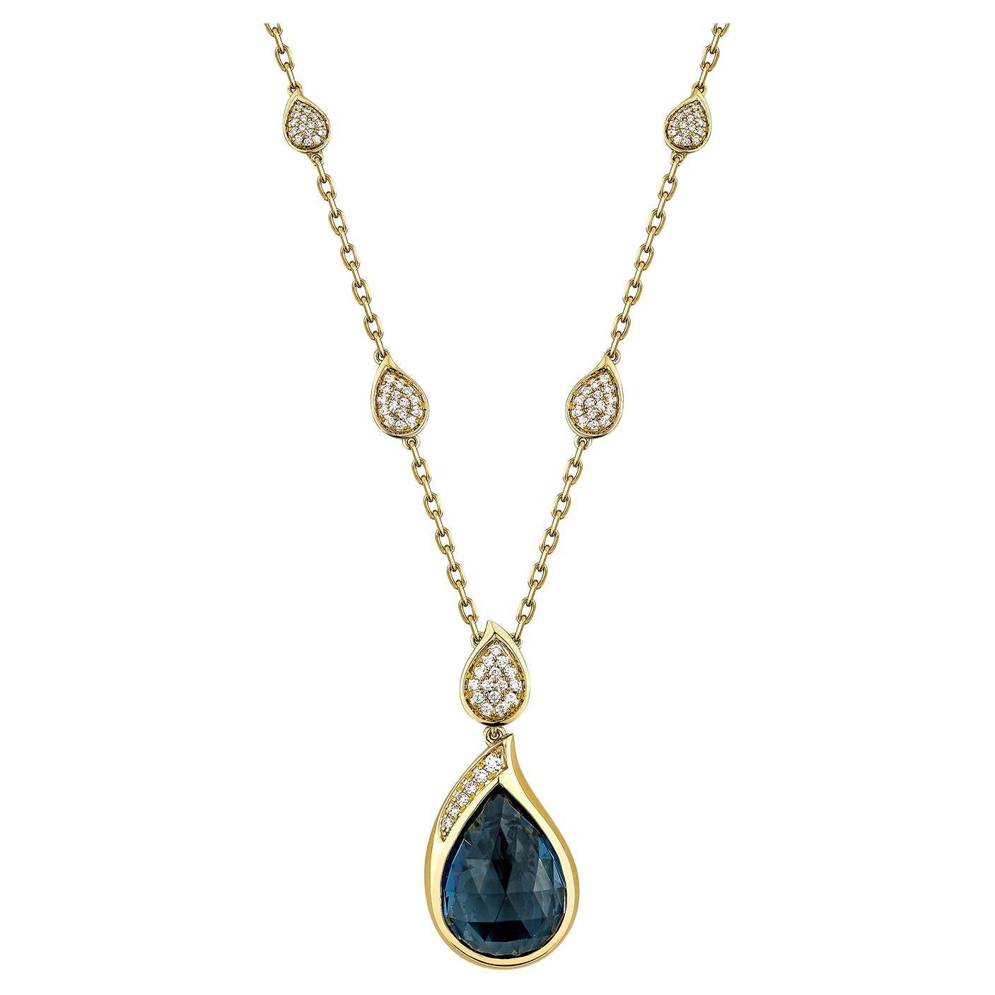 Sunita Nahata London Blue Topaz 21.07ct. Necklace in 18KRG with White Diamond For Sale