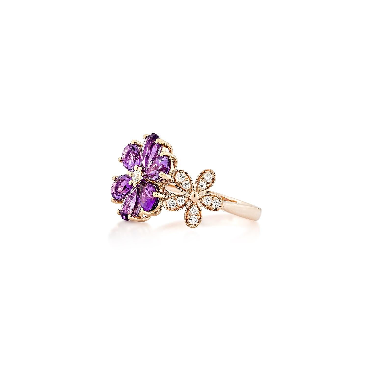 Pear Cut Sunita Nahata Medium & Dark Amethyst 2.16ct. Fancy Ring in 14KRG with Diamond. For Sale