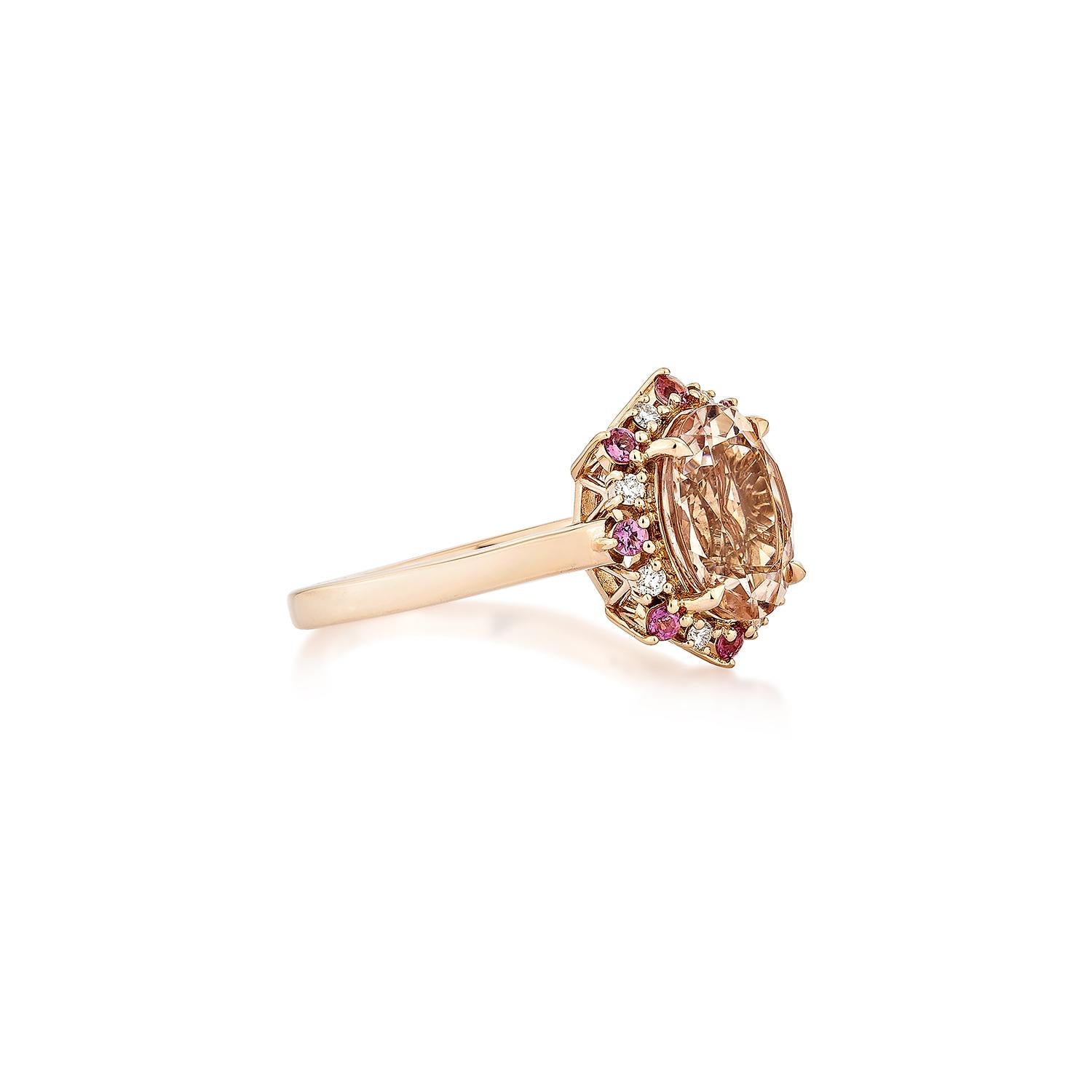 This collection includes a range of Morganite, which is a symbol of love and relationships, making it an excellent choice for a variety of applications. Accented with pink tourmaline & White Diamond. this ring is made in Rose Gold and present a