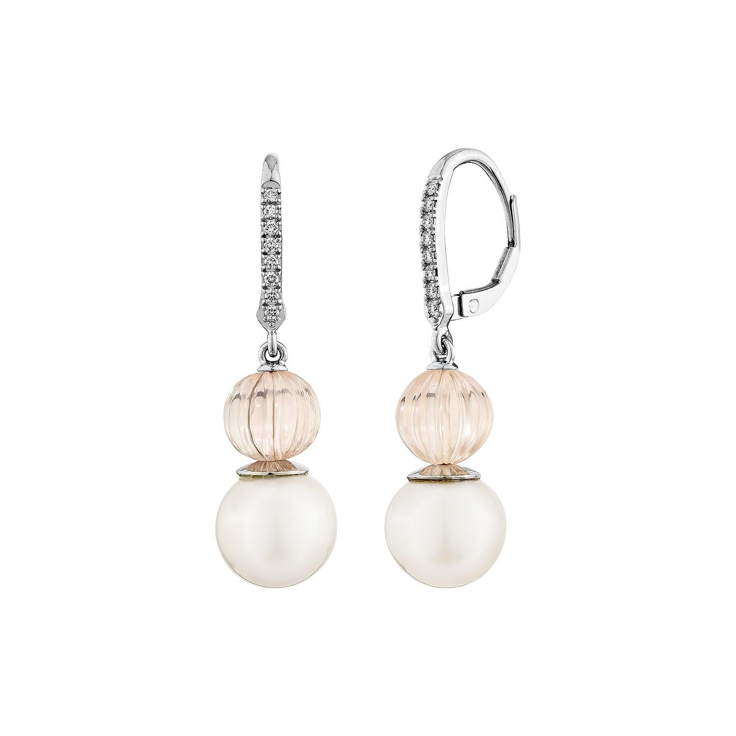 Taille ronde Sunita Nahata et quartz rose 21,77 carats Boucles d'oreilles en 18KWG avec diamant. en vente