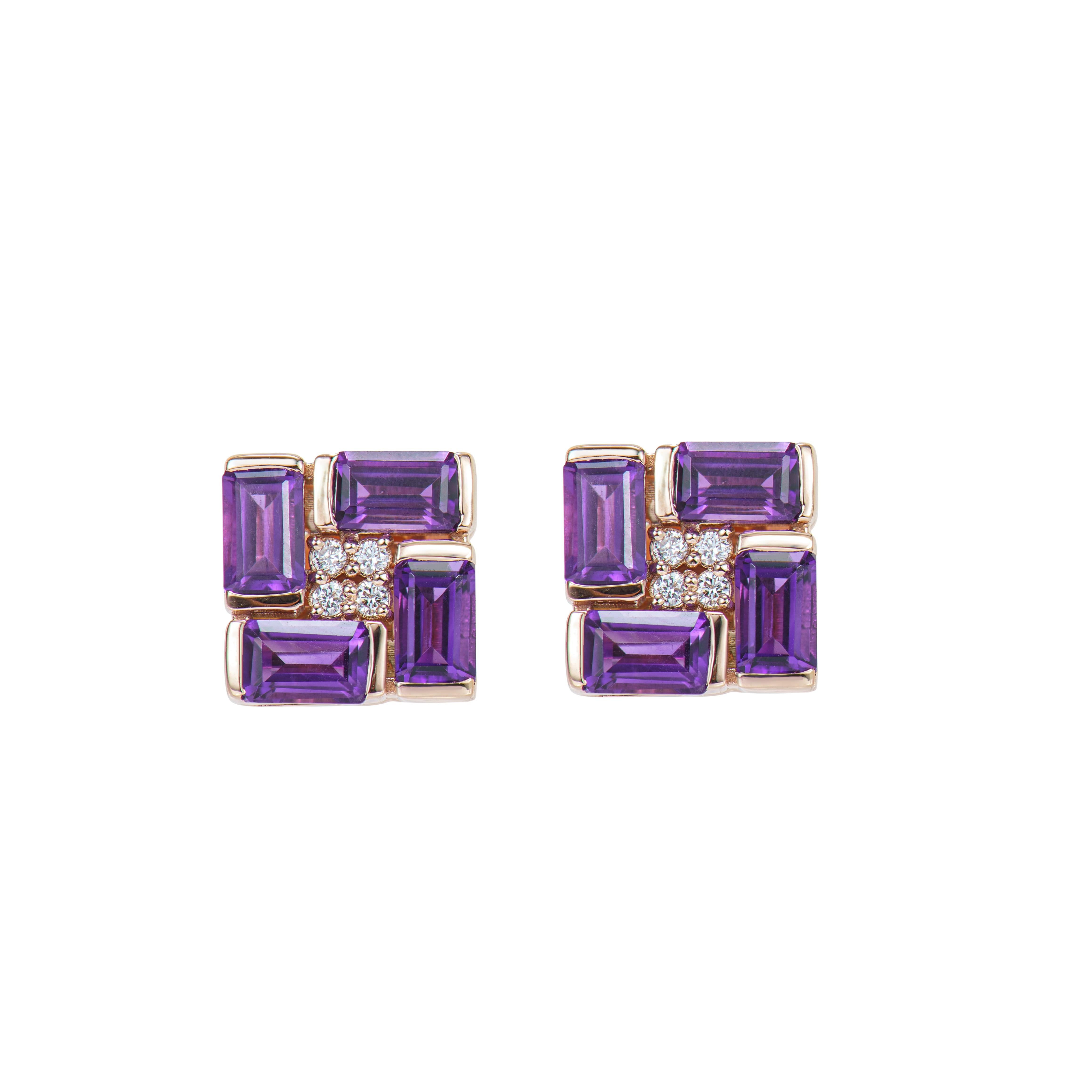 Contemporary Sunita Nahata Amethyst 2.31ct. Stud Earrings in 18KRG with White Diamond. For Sale
