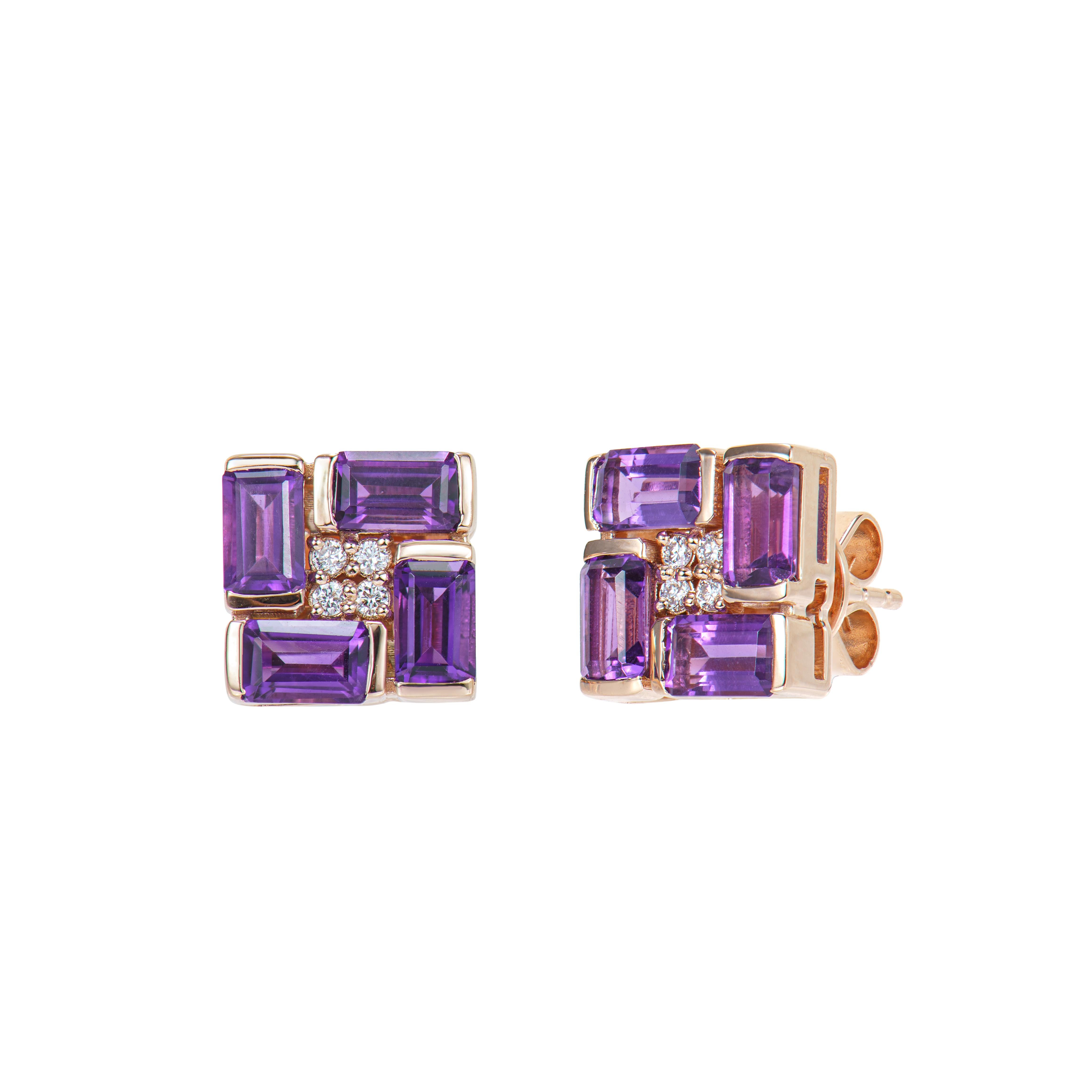 Round Cut Sunita Nahata Amethyst 2.31ct. Stud Earrings in 18KRG with White Diamond. For Sale