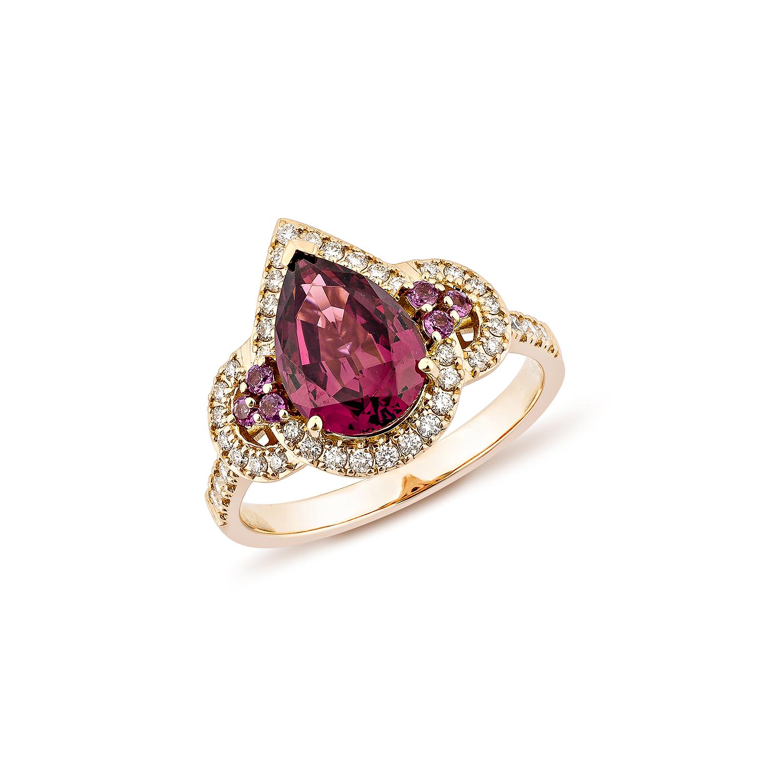 Contemporary Sunita Nahata Rhodolite 2.38ct. Fancy Ring in 18KRG with White Diamond. For Sale