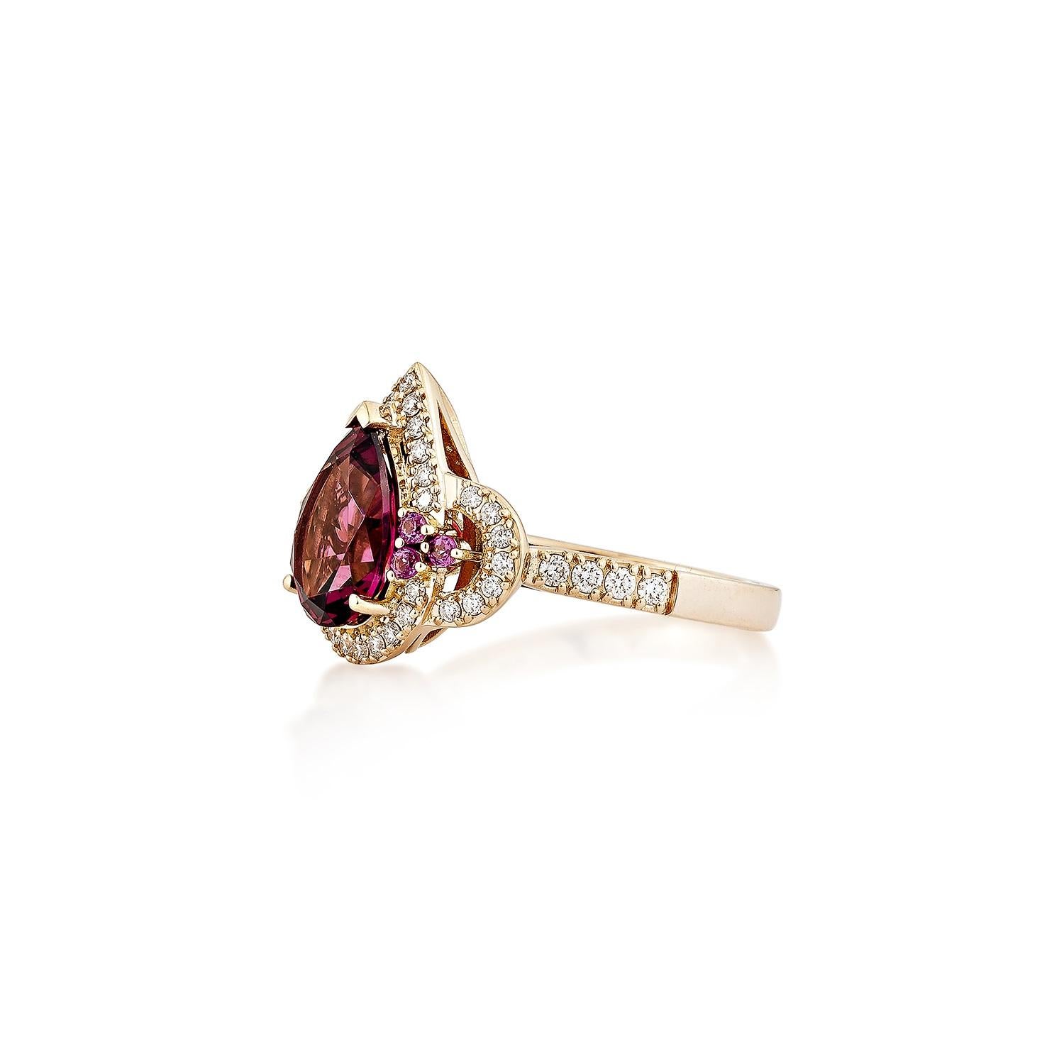 Pear Cut Sunita Nahata Rhodolite 2.38ct. Fancy Ring in 18KRG with White Diamond. For Sale
