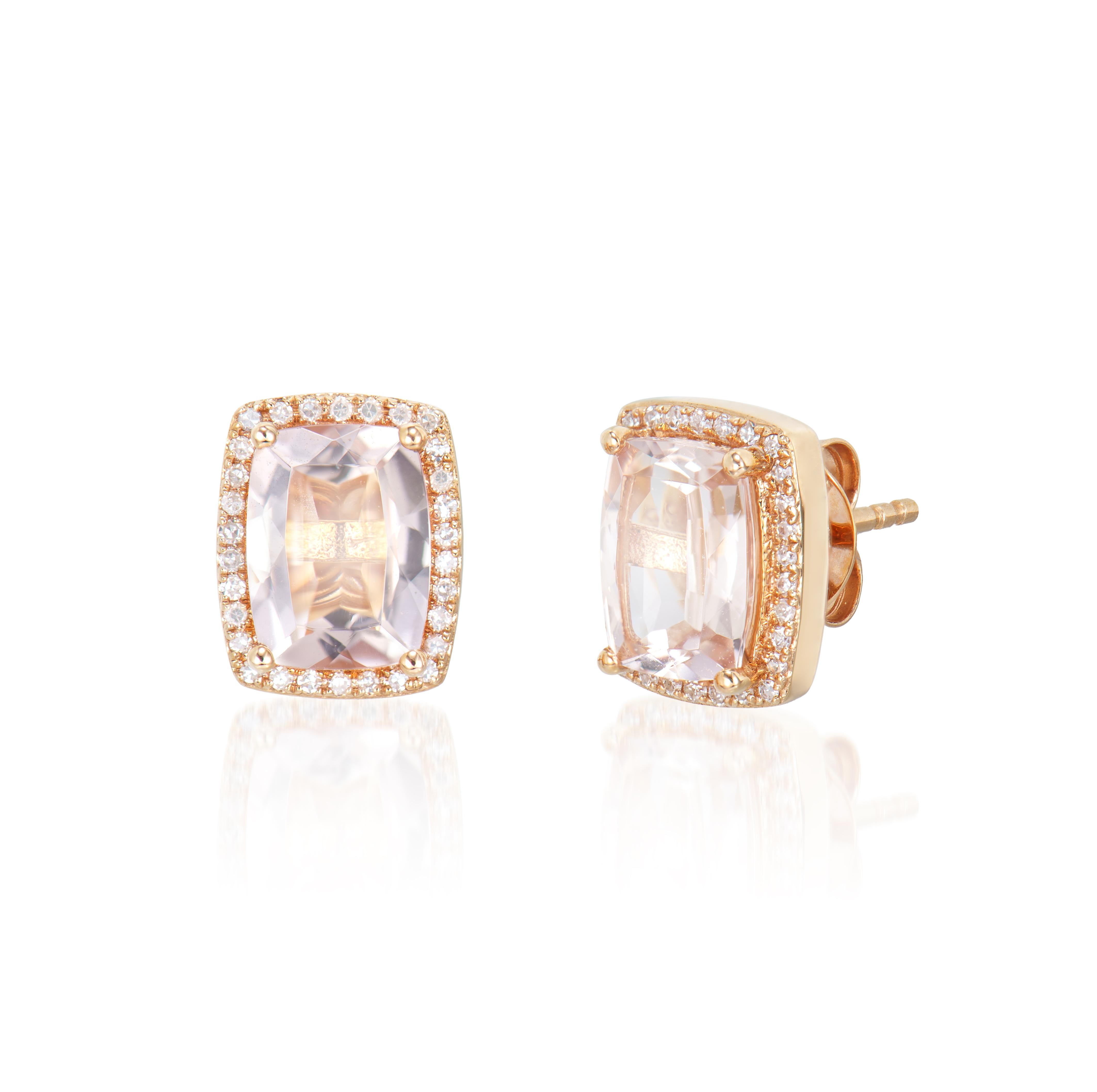 Cushion Cut Sunita Nahata Morganite 2.40ct. Stud Earrings in 18KRG with Diamond. For Sale