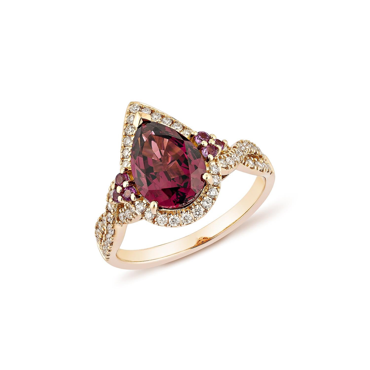 Contemporary Sunita Nahata Rhodolite 2.43ct. Fancy Ring in 18KRG with White Diamond. For Sale