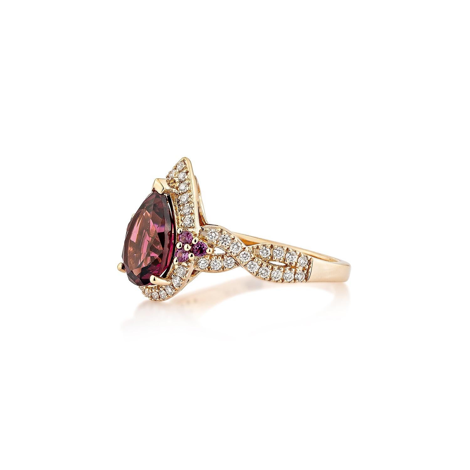 Pear Cut Sunita Nahata Rhodolite 2.43ct. Fancy Ring in 18KRG with White Diamond. For Sale