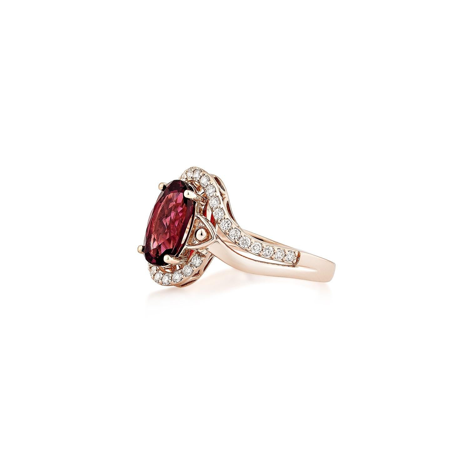 Oval Cut Sunita Nahata Rhodolite 2.44ct. Fancy Ring in 14KRG with White Diamond. For Sale