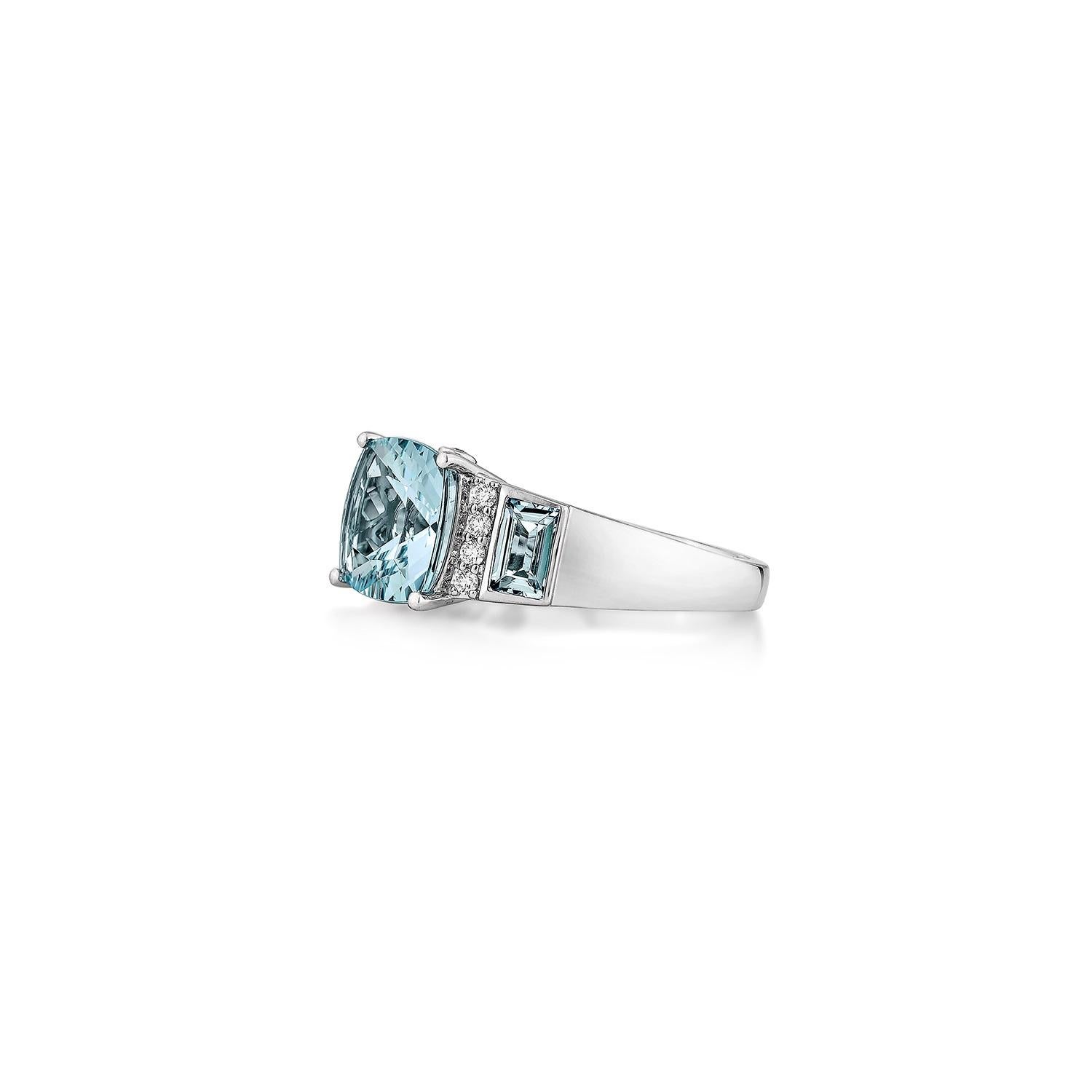 Cushion Cut Sunita Nahata Aquamarine 2.45ct. Fancy Ring in 14KWG with Diamond. For Sale