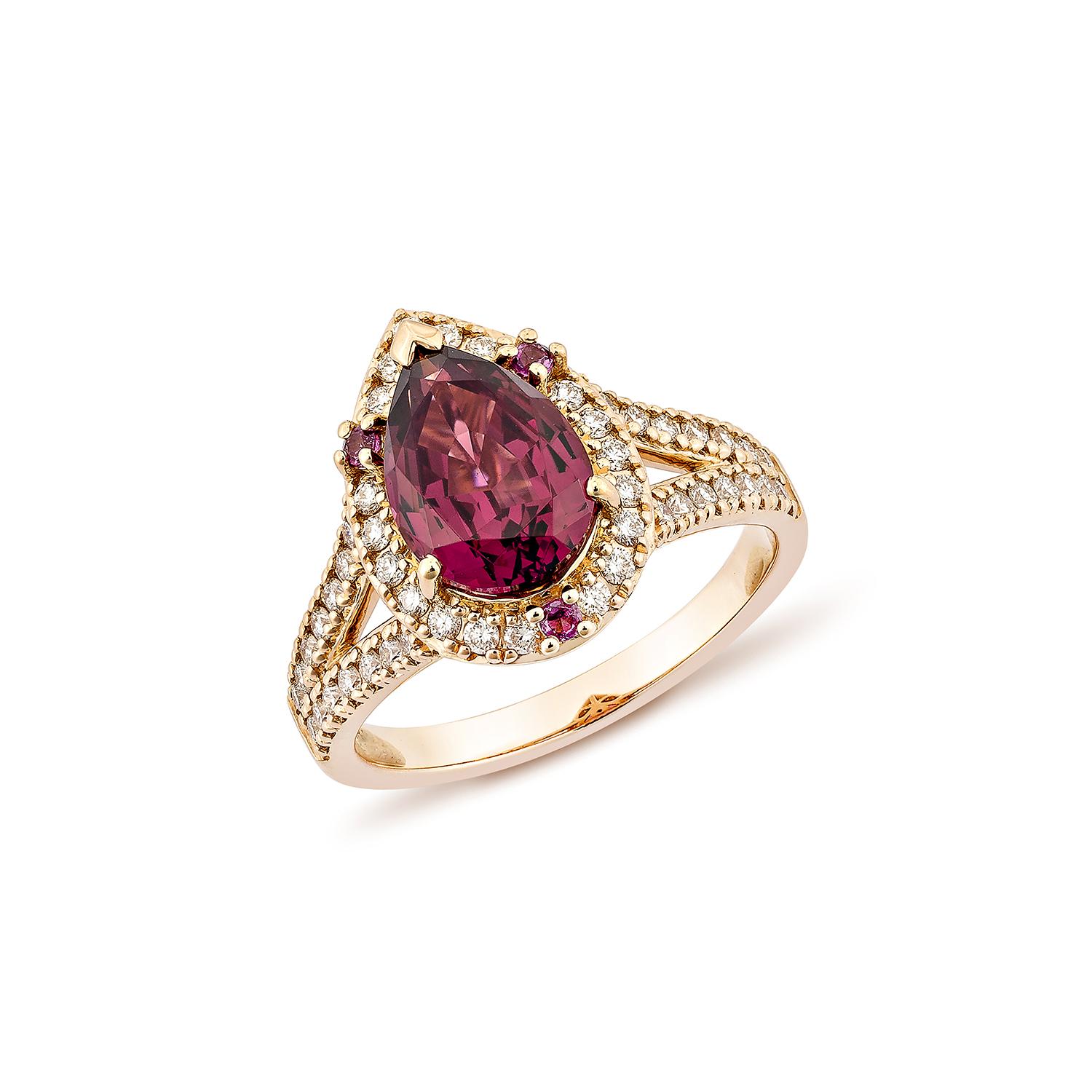 Contemporary Sunita Nahata Rhodolite 2.48ct. Fancy Ring in 18KRG with White Diamond. For Sale
