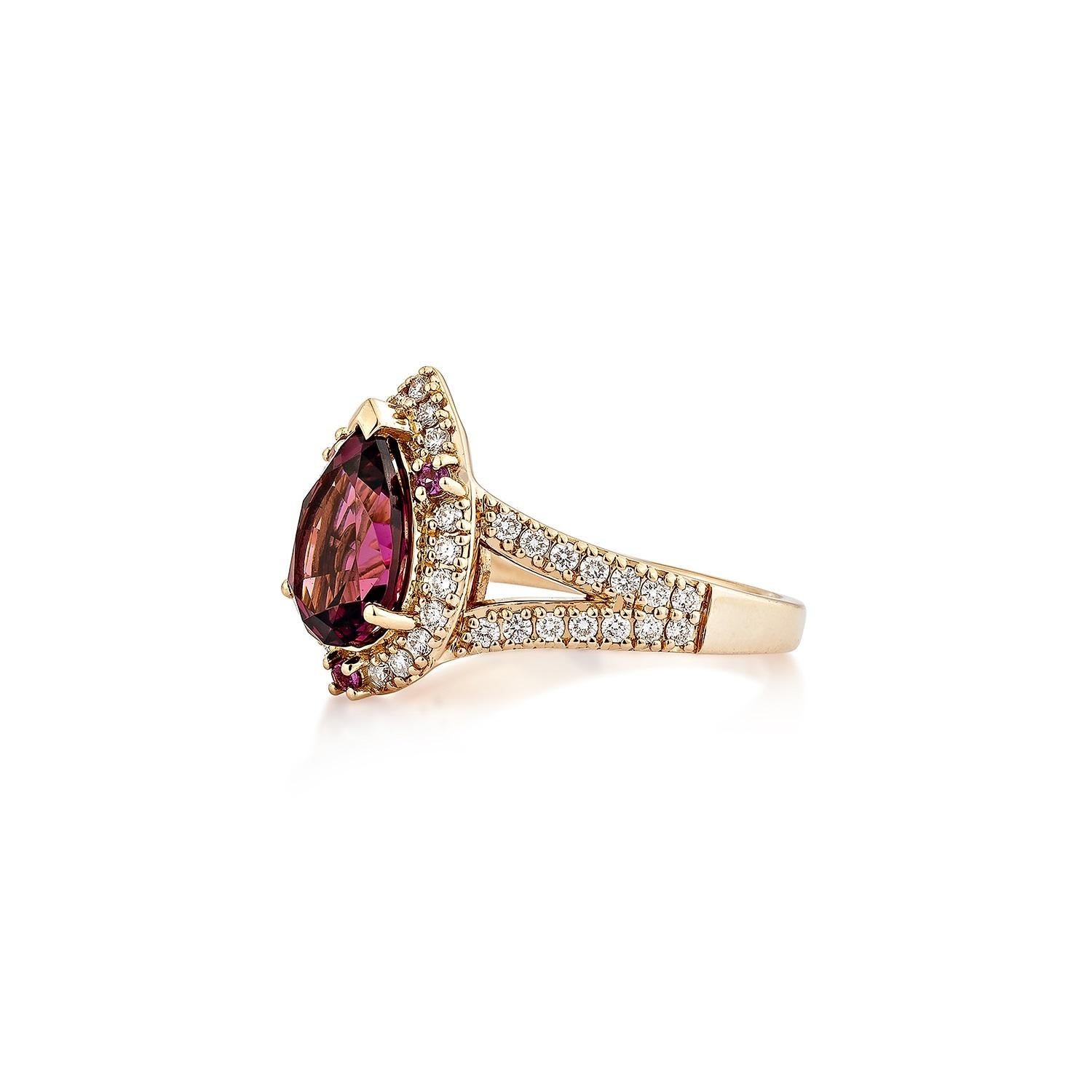 Pear Cut Sunita Nahata Rhodolite 2.48ct. Fancy Ring in 18KRG with White Diamond. For Sale