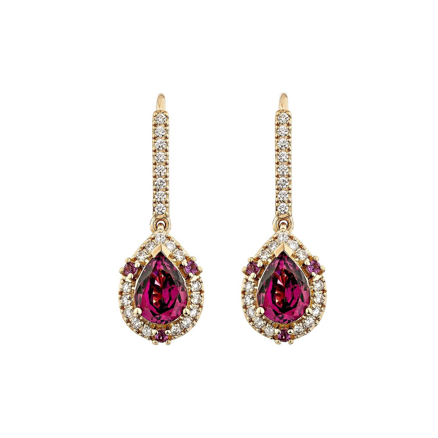 Contemporaneo Orecchini a goccia di rodolite da 2,51 carati in 18KRG con diamante di Sunita Nahata. in vendita