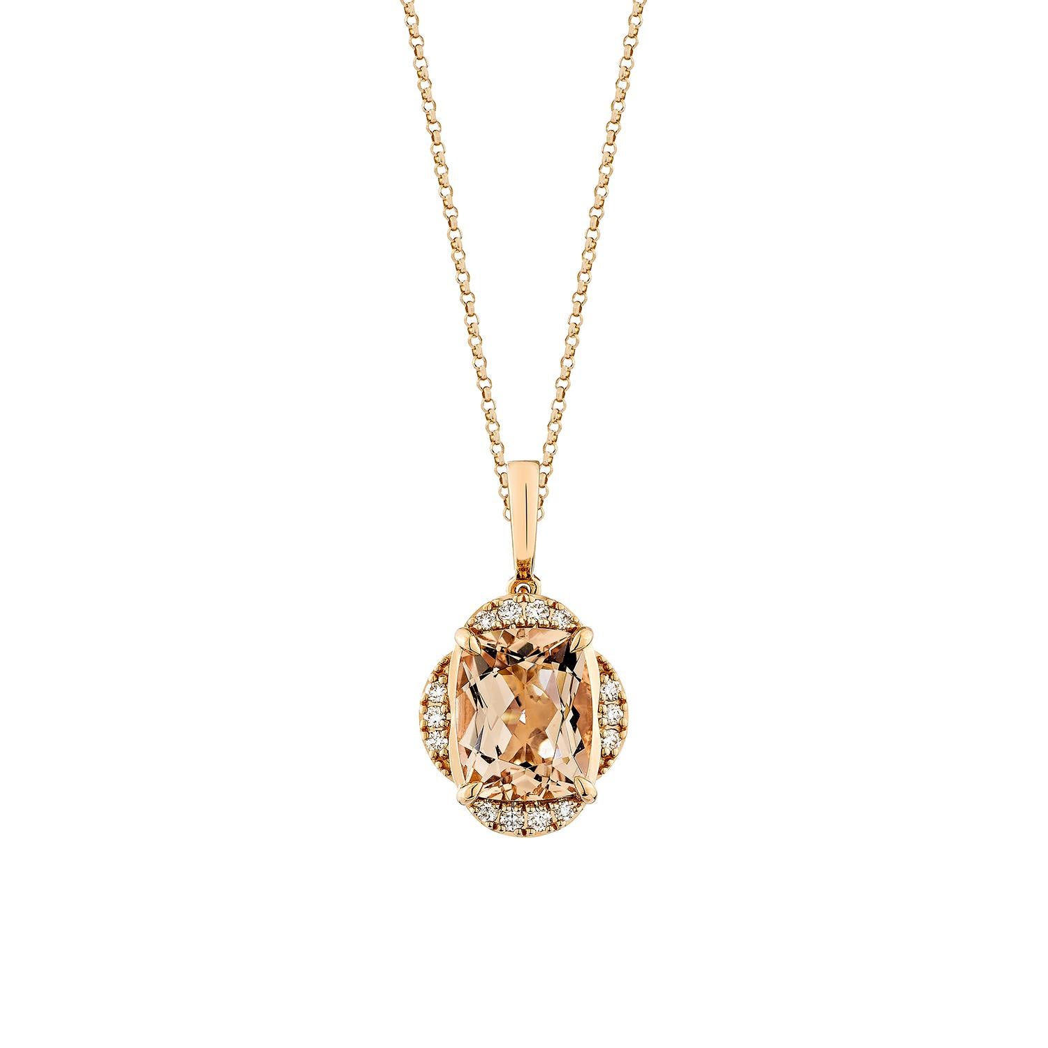 Questa collezione comprende una serie di Morganite, simbolo dell'amore e delle relazioni, che la rende una scelta eccellente per una varietà di applicazioni. Accentuato da diamanti bianchi, questo pendente è realizzato in oro rosa e presenta un look