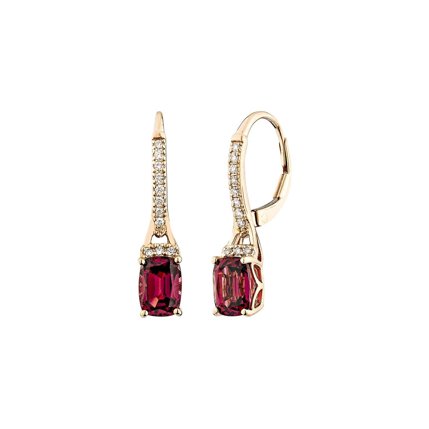 Cushion Cut Sunita Nahata  Rhodolite 2.55ct. Drop Earring in 14KRG with White Diamond. For Sale
