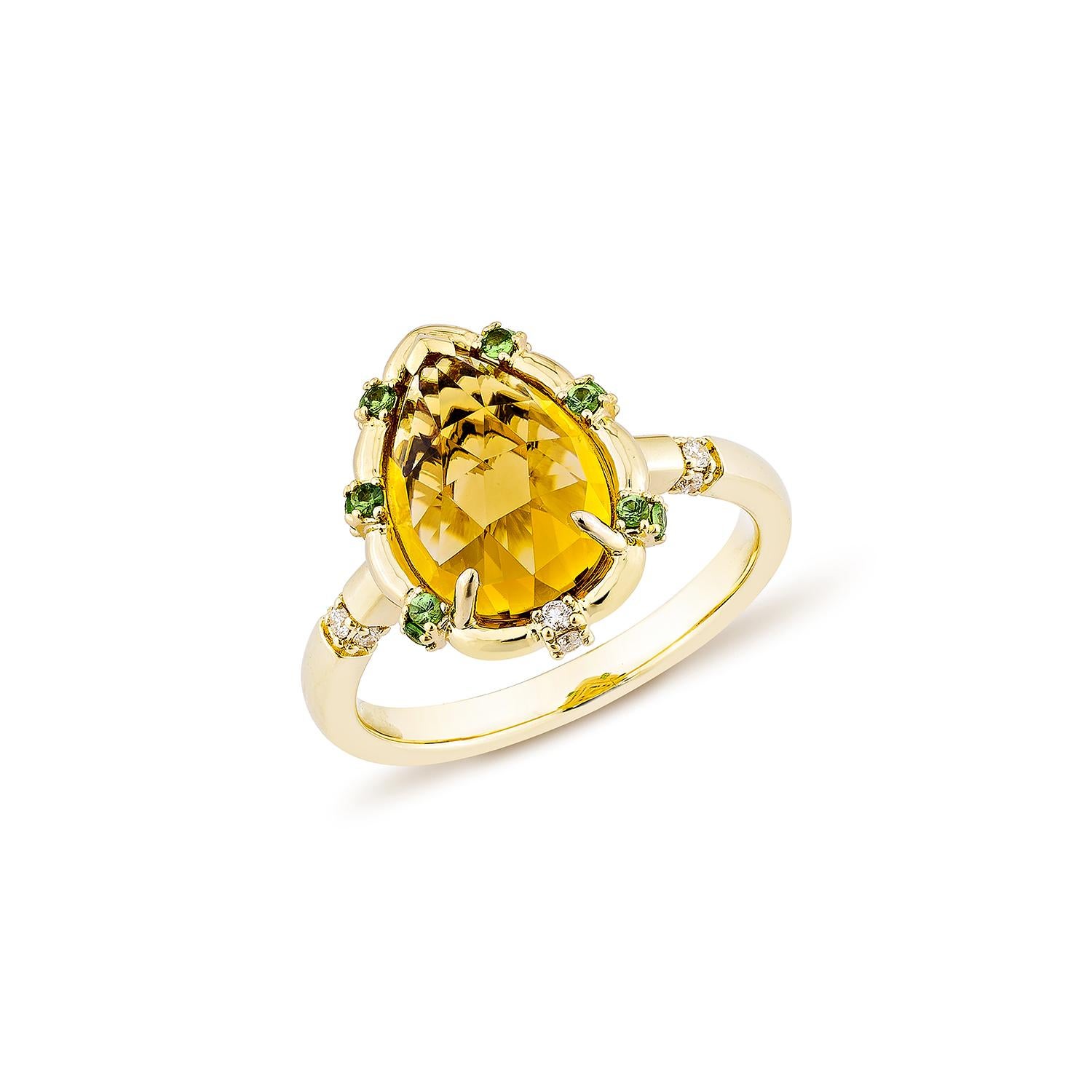 Contemporary Sunita Nahata Citrine 2.63ct. Ring in 18KYG with Tsavorite & White Diamond. For Sale