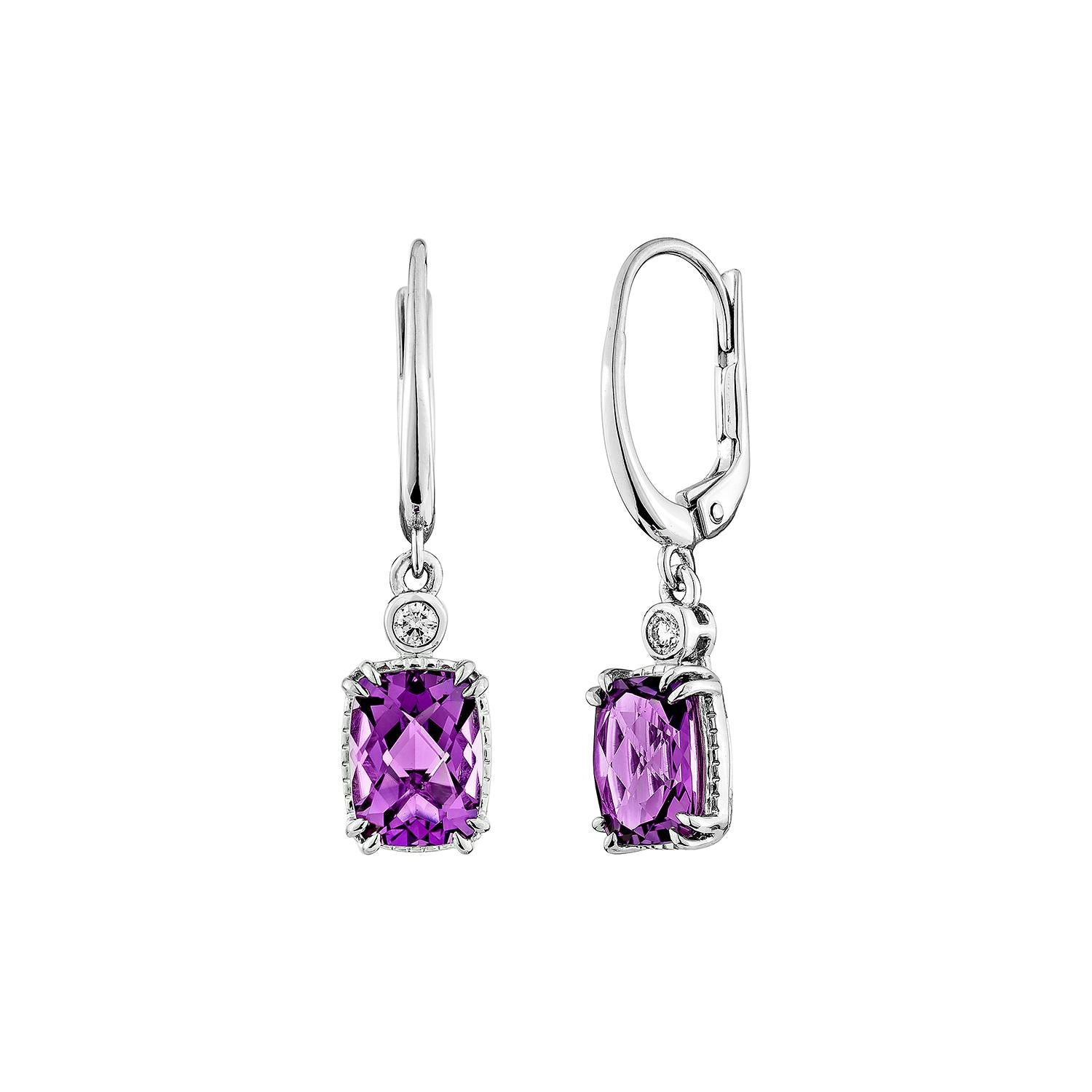 Taglio cuscino Sunita Nahata Ametista 2.64ct. Orecchino a goccia in 14KWG con diamante bianco. in vendita
