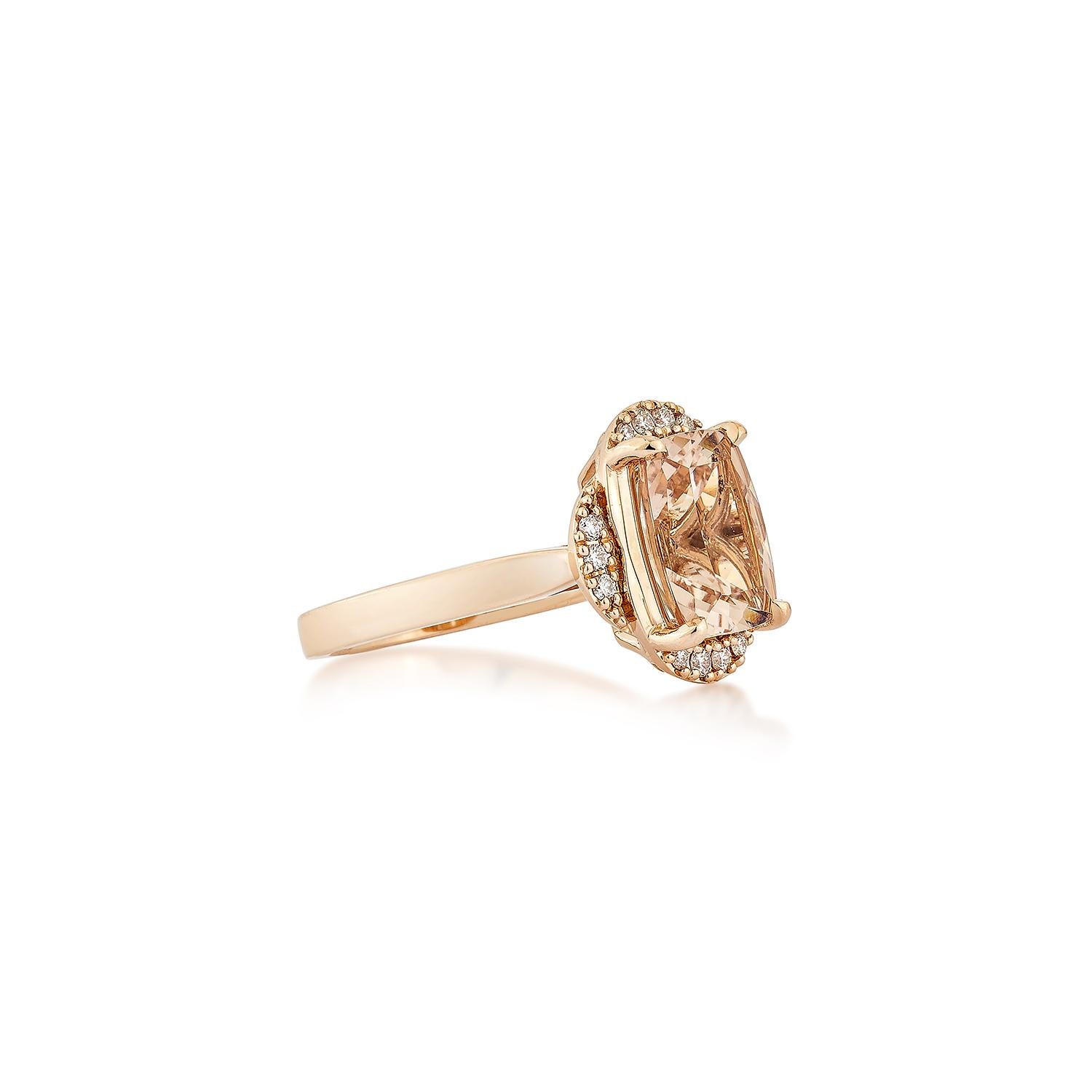 This collection includes a range of Morganite, which is a symbol of love and relationships, making it an excellent choice for a variety of applications. Accented with White Diamond this ring is made in Rose Gold and present a classic yet elegant