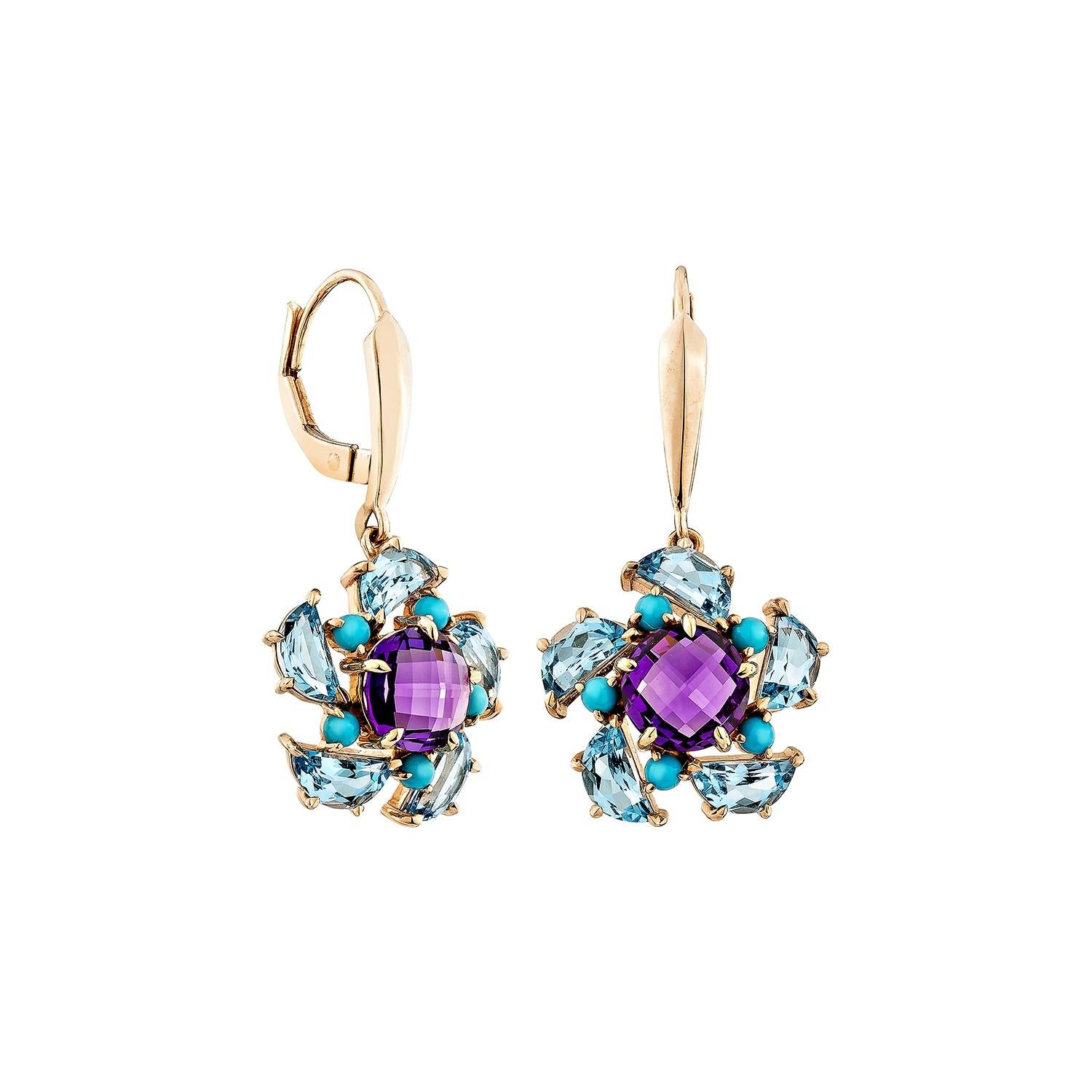 Sunita Nahata present a stunning Amethyst Drop Earrings in 14Karat rose gold blend elegance and vibrant color. The lever-back design features a captivating Swiss blue topaz in a half-moon shape, paired with a round turquoise gemstone for a pop of