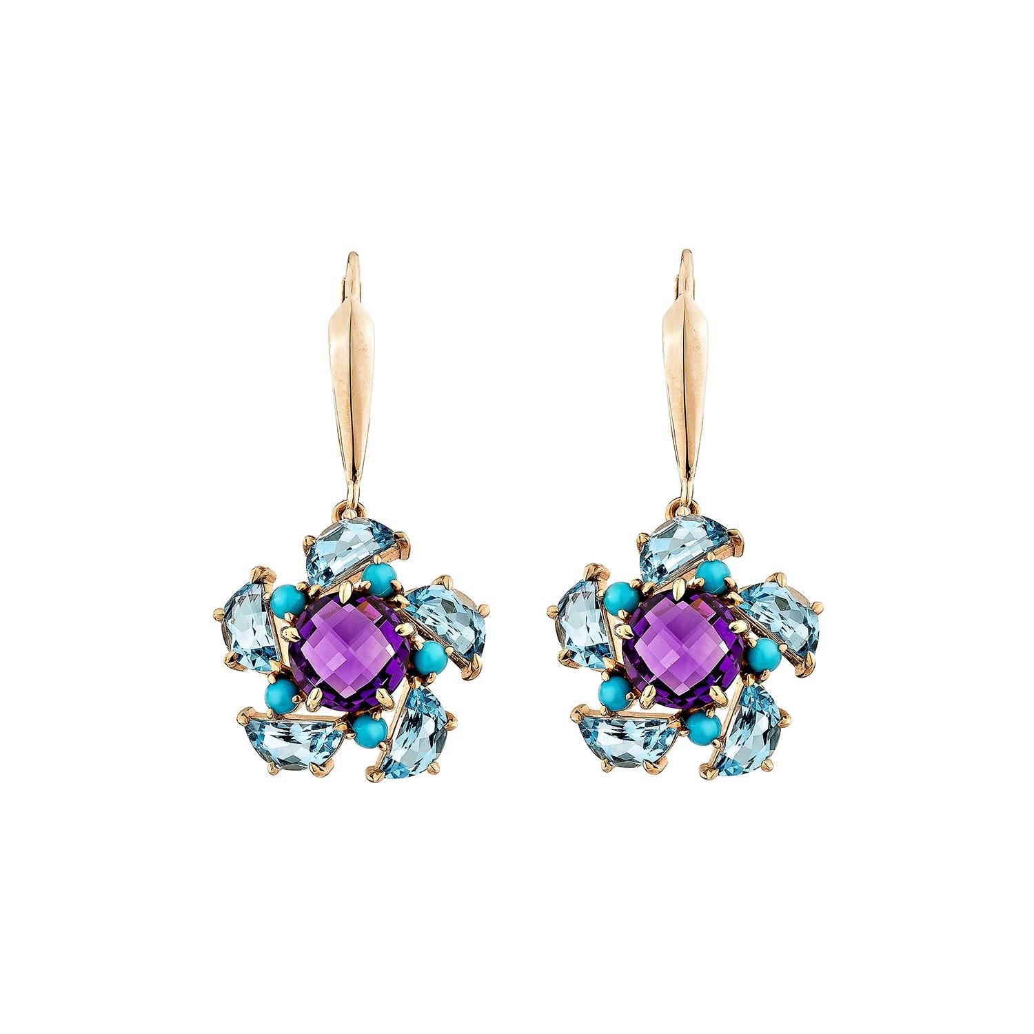 Contemporary Sunita Nahata 2.76 Ct. Amethyst Drop Earring in 14KRG with Mix gemstone.